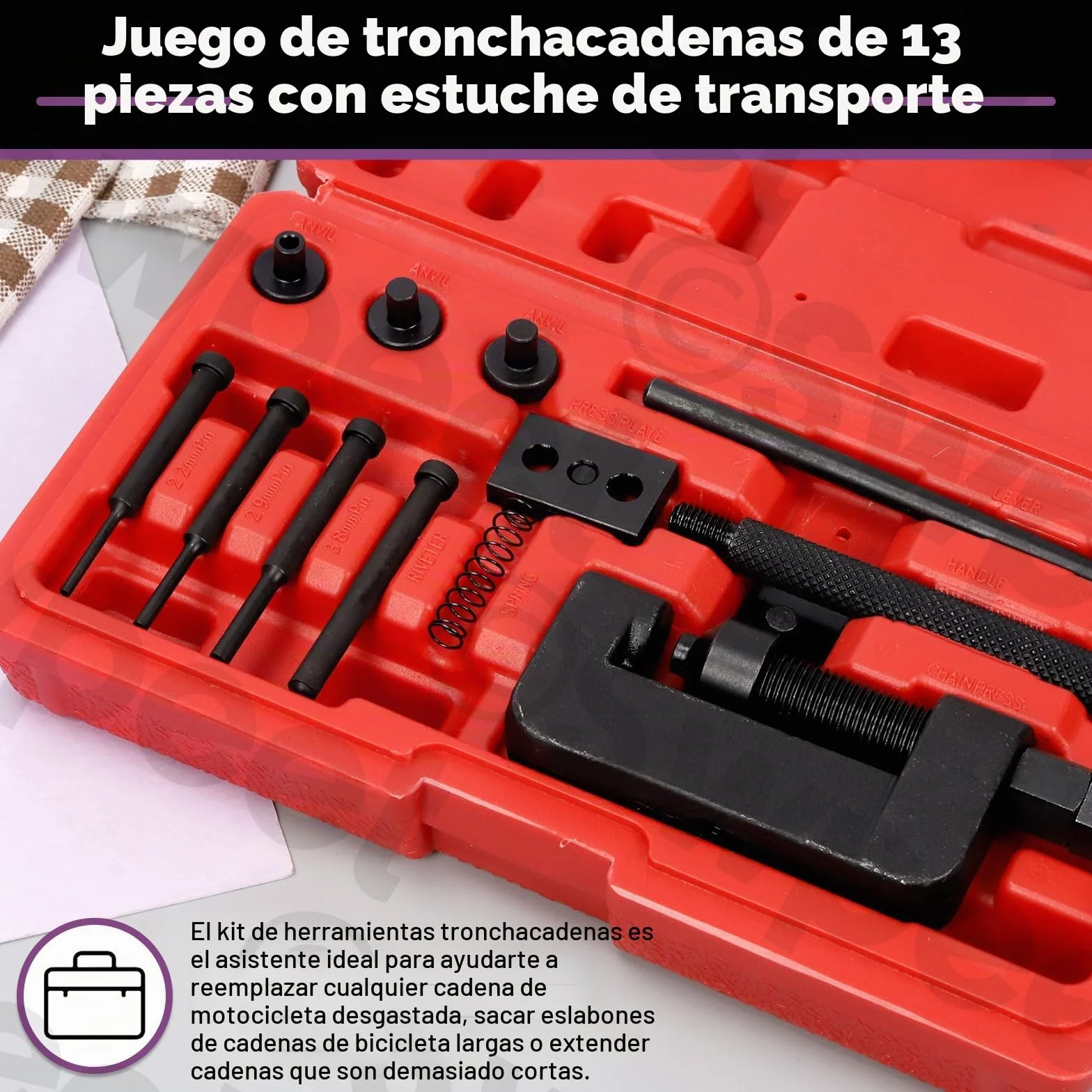 Swpeet Kit Surtido de 13 Piezas Cortacadenas para Motocicleta con Estuche de Transporte, Cortador de Cadena y Remachadora Herramienta de Extracción de Cadena para Motocicleta, Bicicleta, ATV