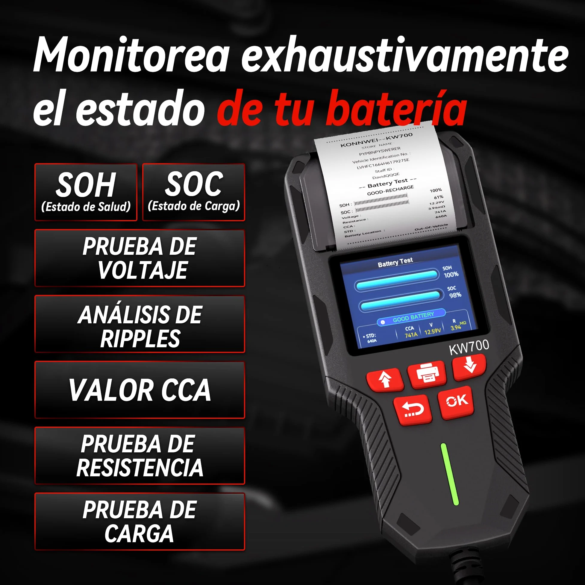 KONNWEI Comprobador de batería de coche con impresora 12V 24V 100-2000 CCA analizador de batería