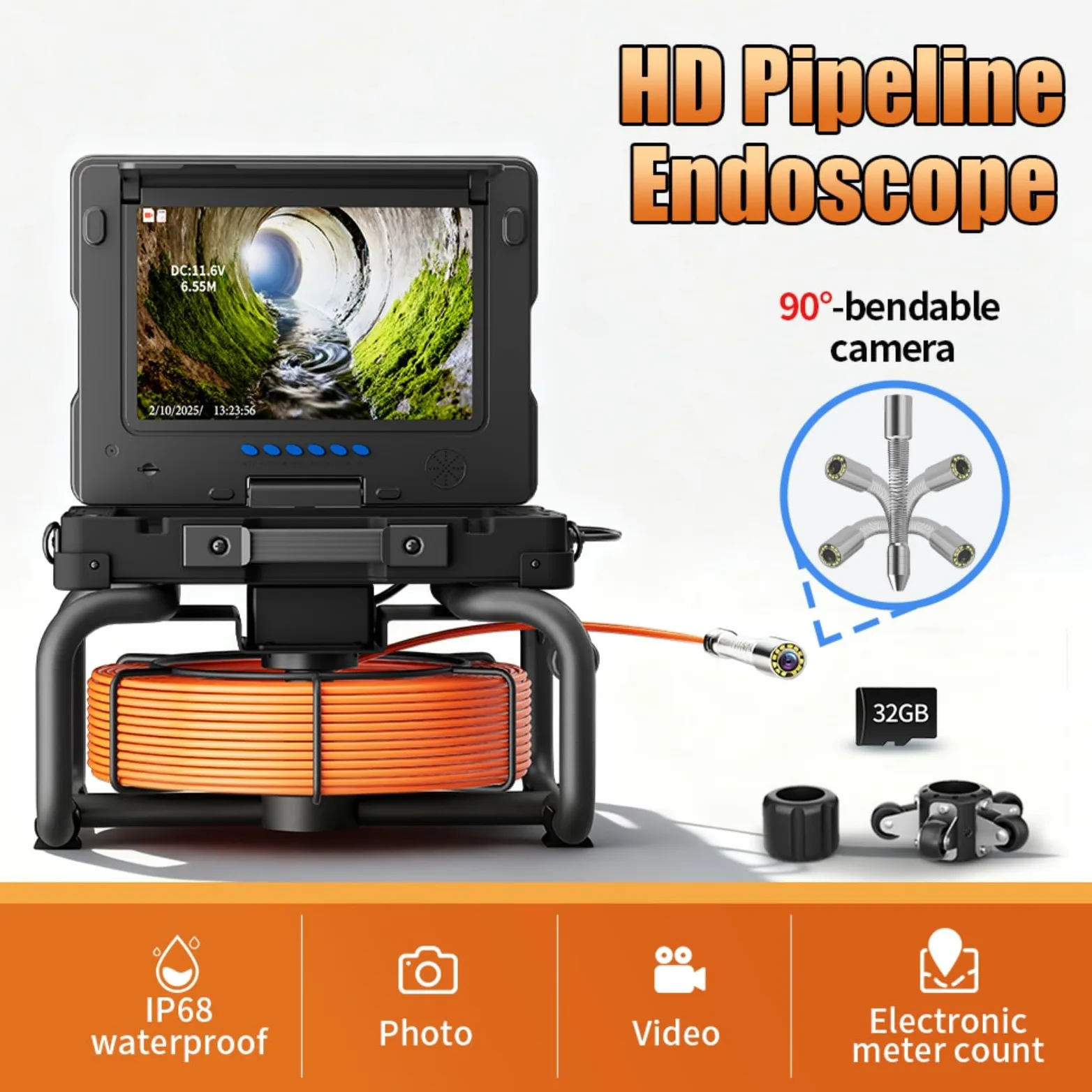 AHD 9"Borescope,Endoscopio Industrial,Camara Inspeccion Tuberias,Sonda Acero Inoxidable 23mm,Contador Metros,Transmisor 512HZ Autoequilibrado,12 Lamparas LED Blancas,Inspeccion Tuber(Size:50 M/164 FT)