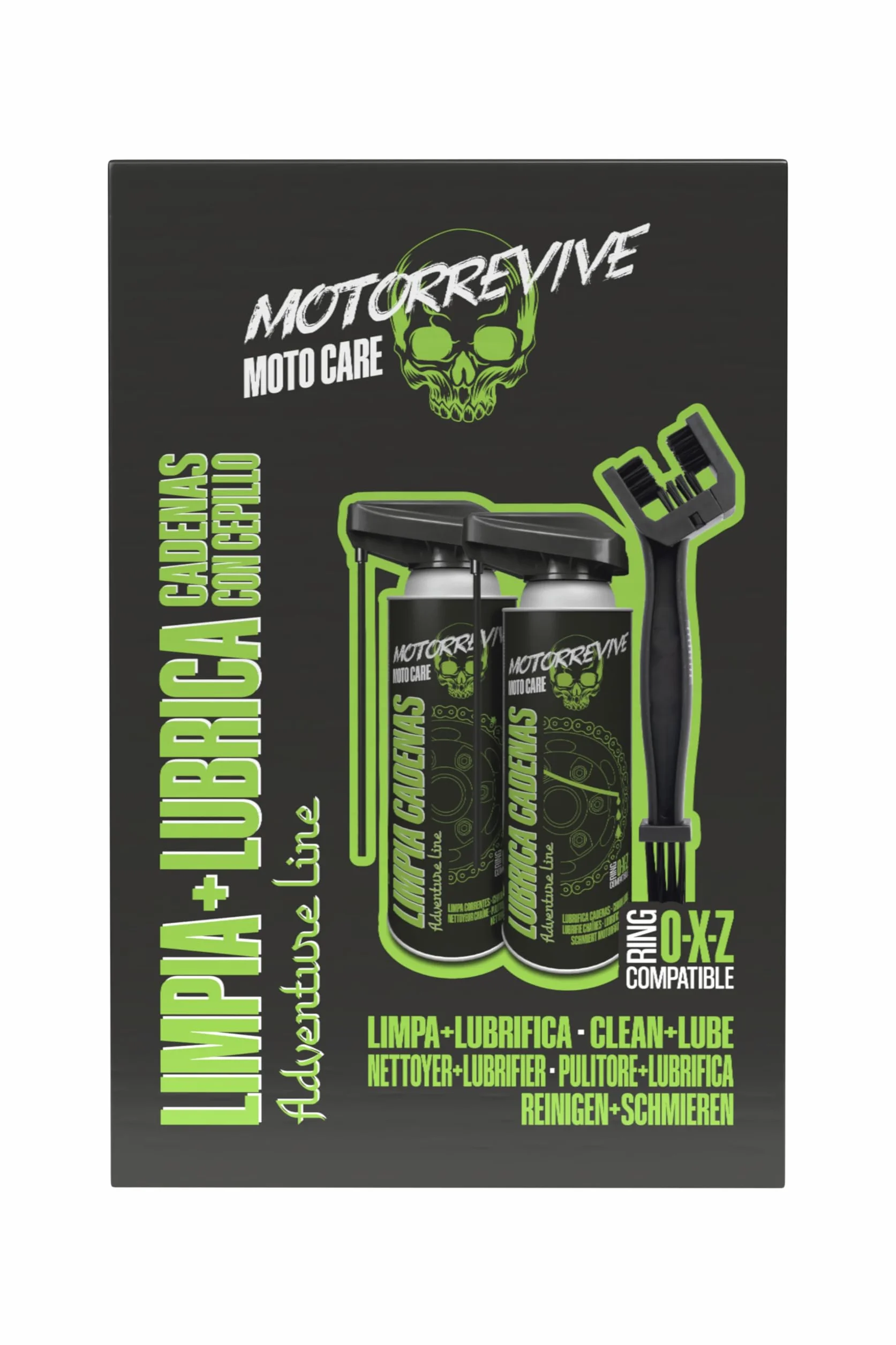 Pack Adventure Line con Limpiador, Lubricante y Cepillo para Cadenas de Moto Off-Road 380 + 380 ml | Mantenimiento Completo para Motocross, Enduro y Rutas Todo Terreno