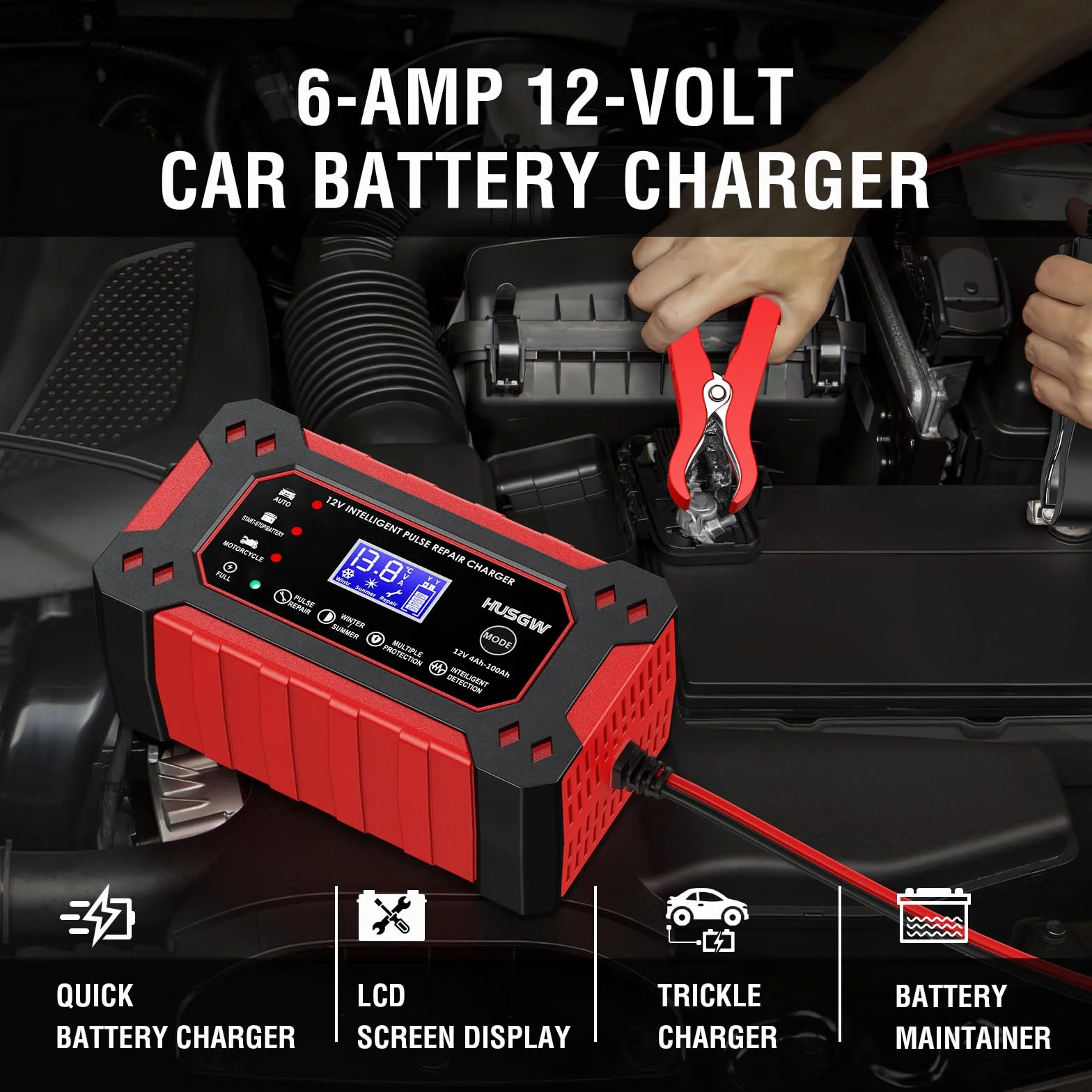 12V6A Cargador de Batería de Coche,Cargador de Batería Inteligente con Pantalla LCD, Múltiples Funciones de Protección,paraAutomóviles,Moto,Camión,AGM,Gel,SLA (2Ah-100Ah)
