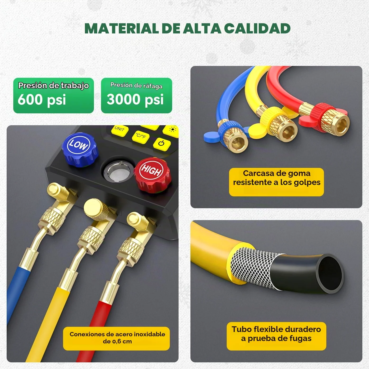 Manómetro Digital para Aire Acondicionado Kit HVAC con Base Datos 93 Refrigerantes, 150cm Mangueras de Refrigerante y Clips de Temperatura para Mantenimiento de Aires Acondicionados y Frigoríficos