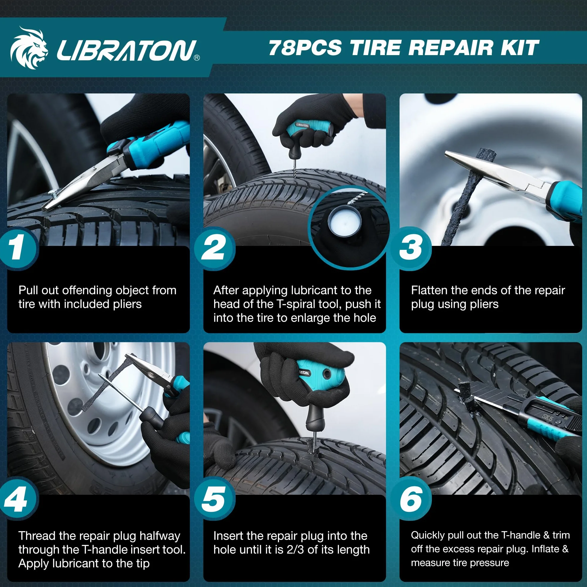 Libraton kit Antipinchazos Coche, 78PCS kit Repara Pinchazos Coche Profesional para Reparar Pinchazos y Parches en Neumáticos sin Cámara, Compacto para Coches, Motos, SUVs, ATVs, Tractores y Remolques