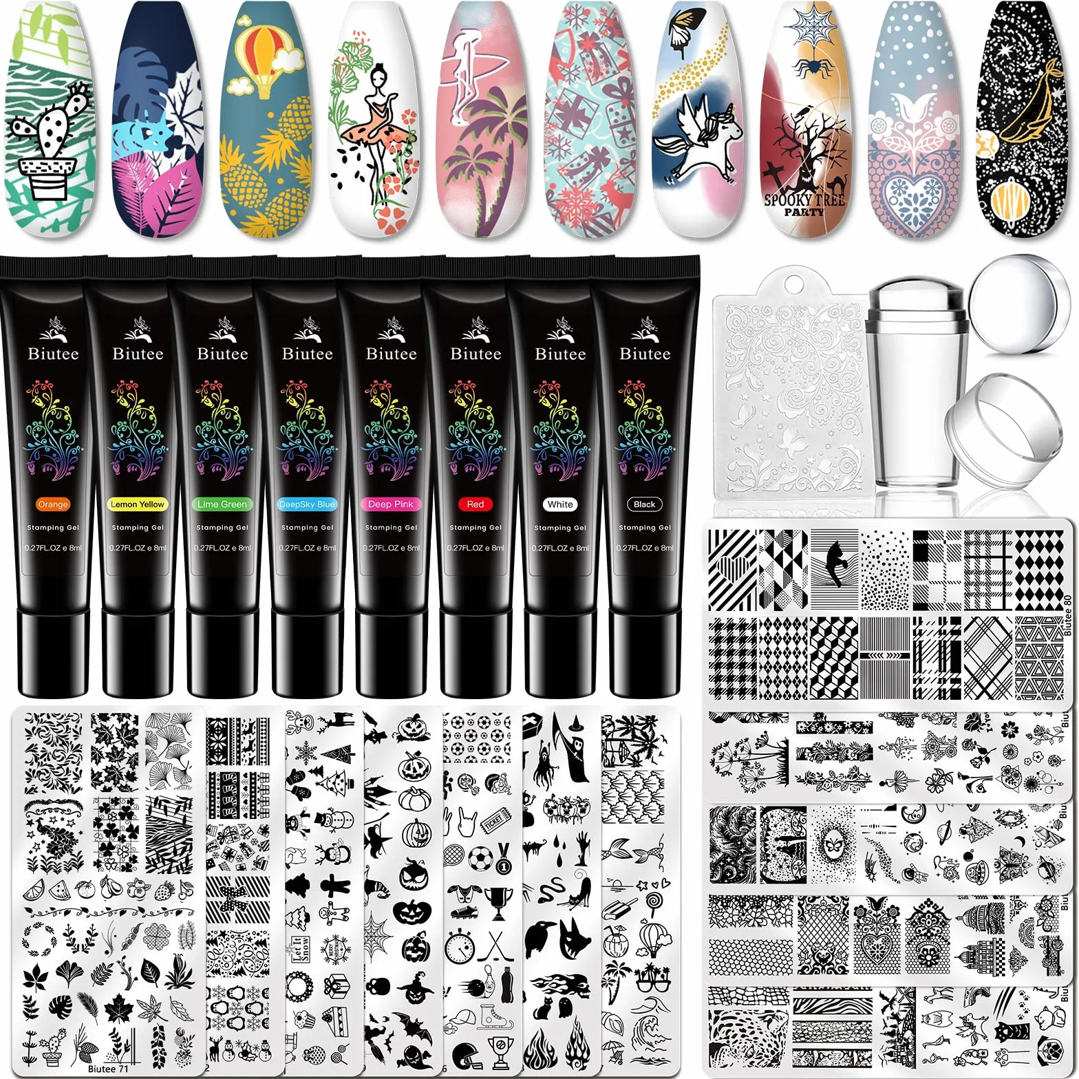 Biutee Nail Stamping Set 12pcs Plantillas Estampacion Uñas 8 Colores 8ml Gel Polish con Tampón Rascador
