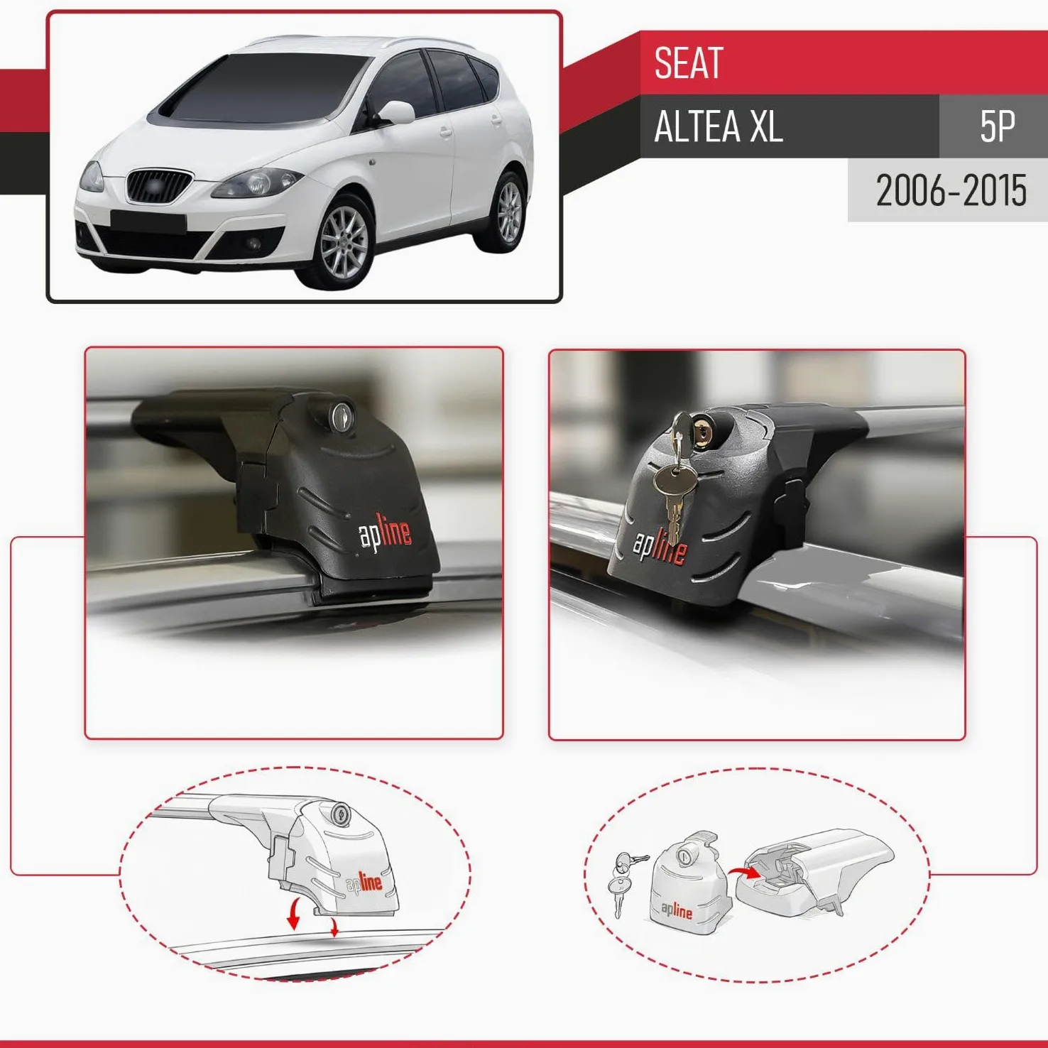 Compatible con Seat Altea XL (5P) 2006-2015 Modelo Ace-2 Barra de Techo Auto Portaequipajes Barras Transversales Gris Aluminio 2 Barras