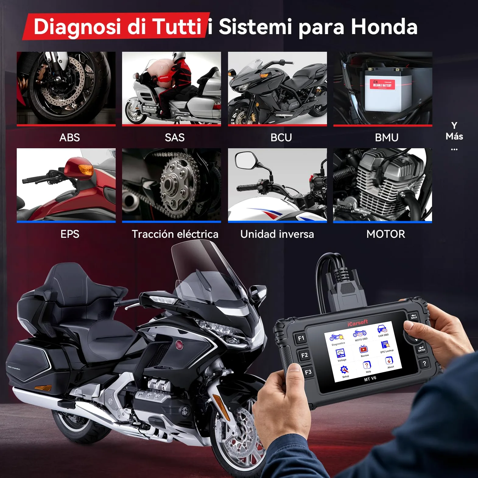 iCarsoft MT V6 para Honda Moto, Herramienta de Diagnosis de Sistema Completo, 7 Servicios, Lector de códigos de Motor con Vin automático, Prueba de batería y actualización de por Vida.