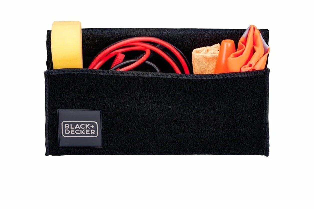 Black+Decker Organizador Maletero Coche - Organizador Coche 55 x 15 x 23 CM - Caja Plegable con 1 Compartimento Grande y 2 Bolsillos Deslizantes - Accesorios Coche y Compras - Con Velcro - Negro