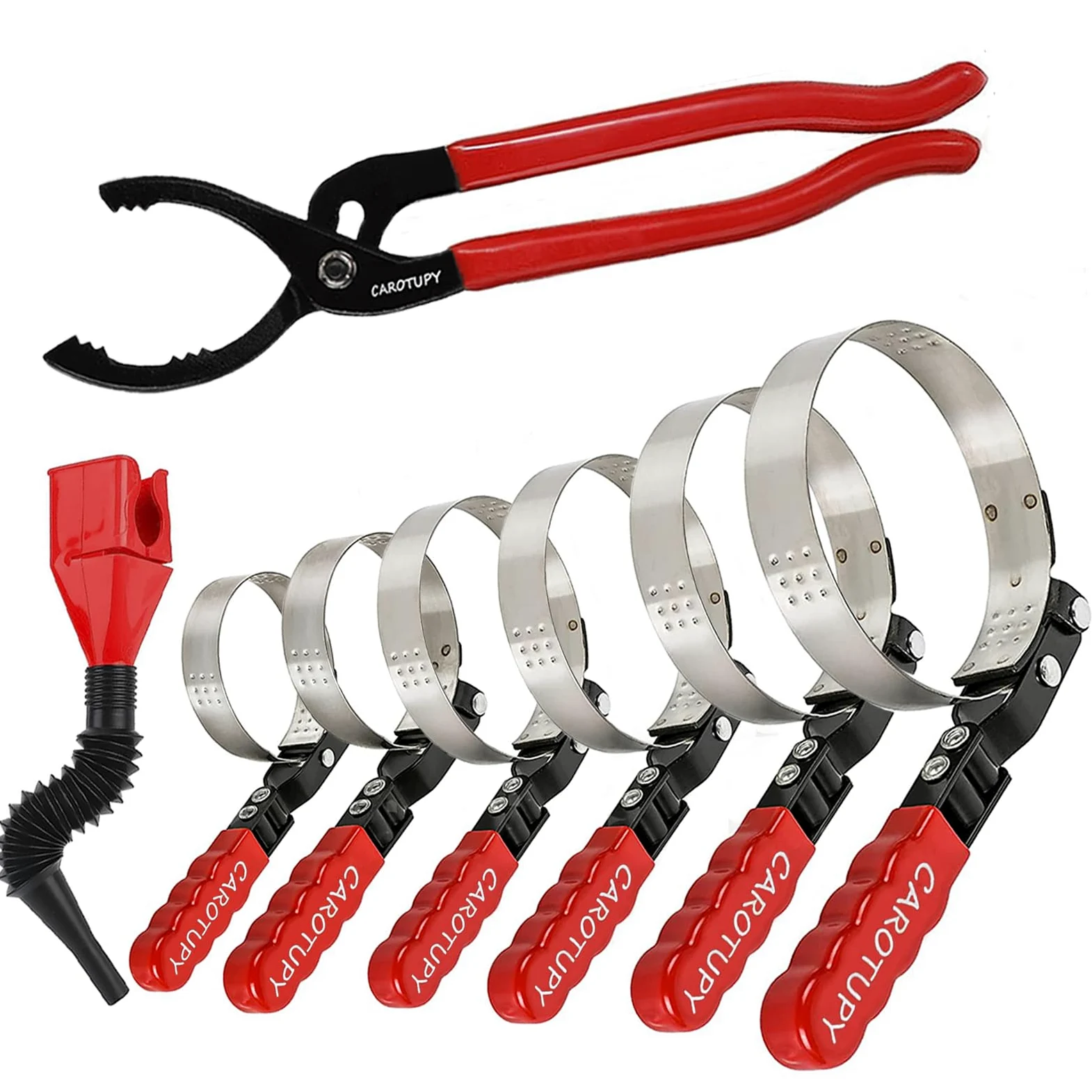 Juego de 8 llaves de filtro de aceite, alicates de filtro de aceite ajustables de 12 pulgadas con embudo de aceite flexible, herramienta de extracción de filtro de aceite ajustable de 1-1/4 a