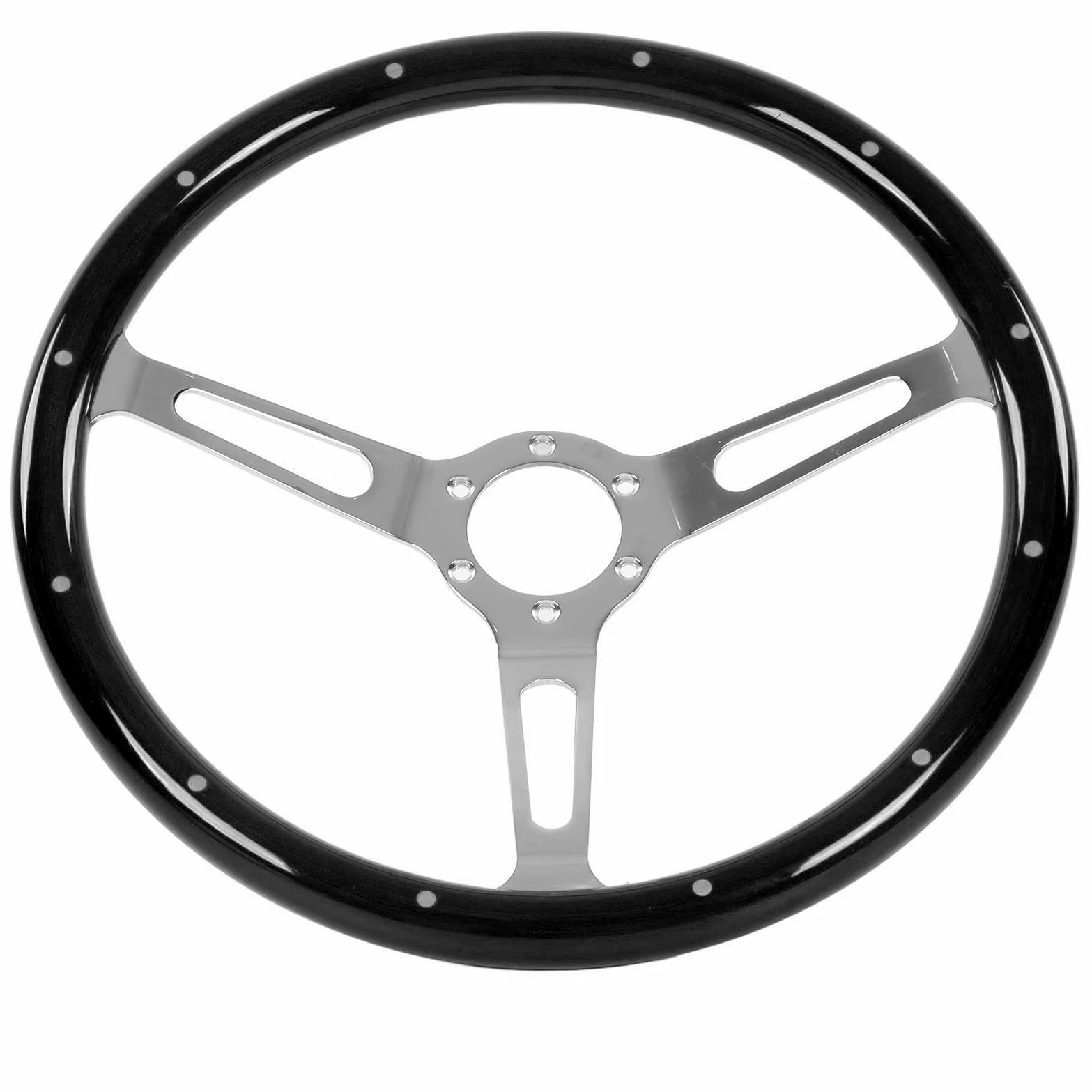 Volante Clásico, Agarre de Nogal de 15 Pulgadas, Volante de Madera de Acero Inoxidable de 3 Radios, Universal con Cubierta de Altavoz, Paquete de Tornillos y Llave para Adaptador de Cubo de