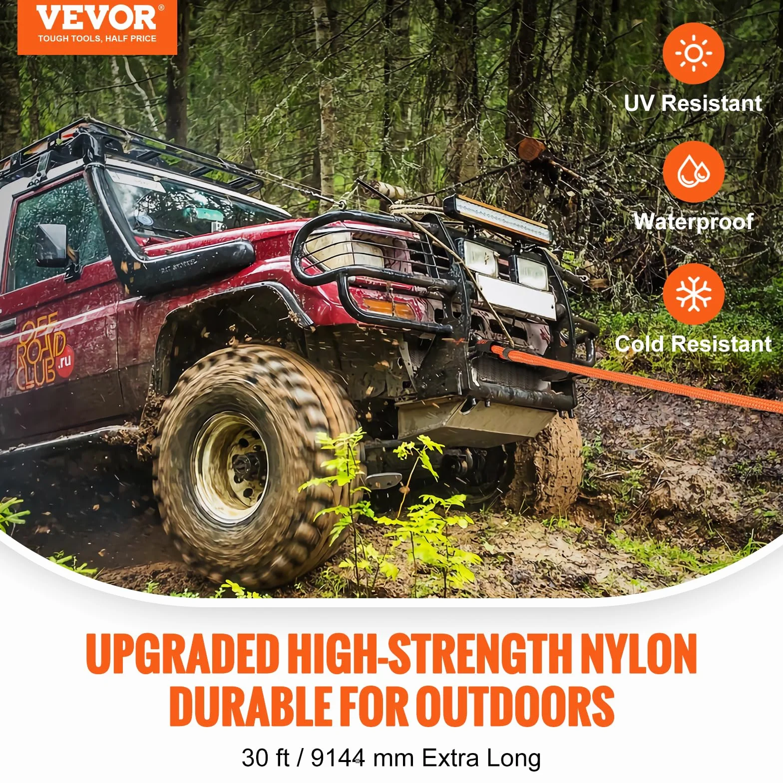 VEVOR Correa de Remolque de Nilón de Recuperación Cinética de 25,4 mm x 9,1 m, Carga de 17237 kg, Correa de Arranque Resistente de Energía de Elasticidad Extrema para Jeep, Camión, SUV, Tractor