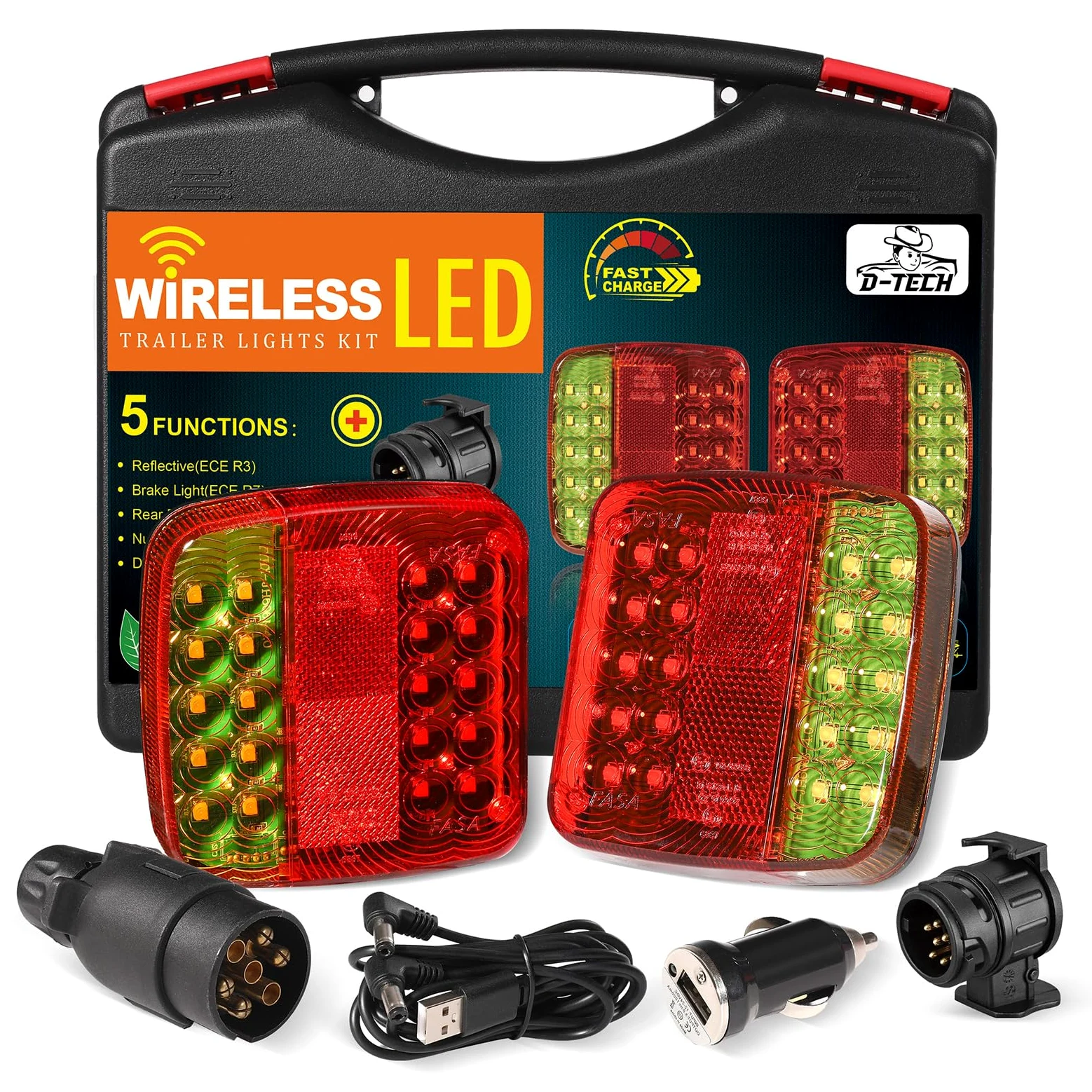 D-TECH pilotos traseros remolque led inalámbricos homologados,Luces traseros LED inalámbricos para remolque camion tractor,con adaptador remolque 13 a 7 pines,kit pilotos de remolque led magnético