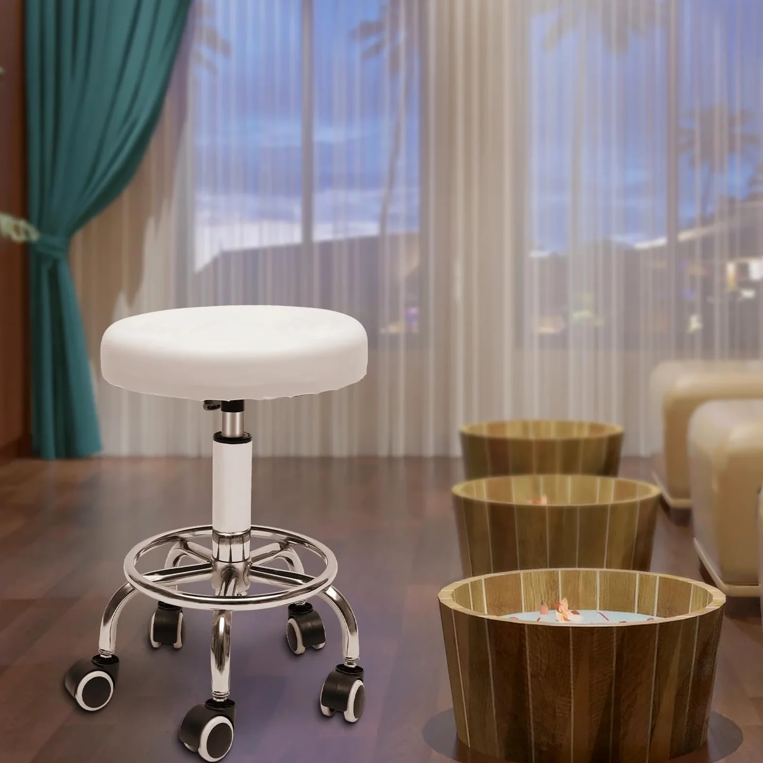 Asiento de mecanico Taburete Redondo con Ruedas y reposapiés de Altura Regulable para masajes de SPA y salón, Color Blanco y Negro Taburete Taller(White)