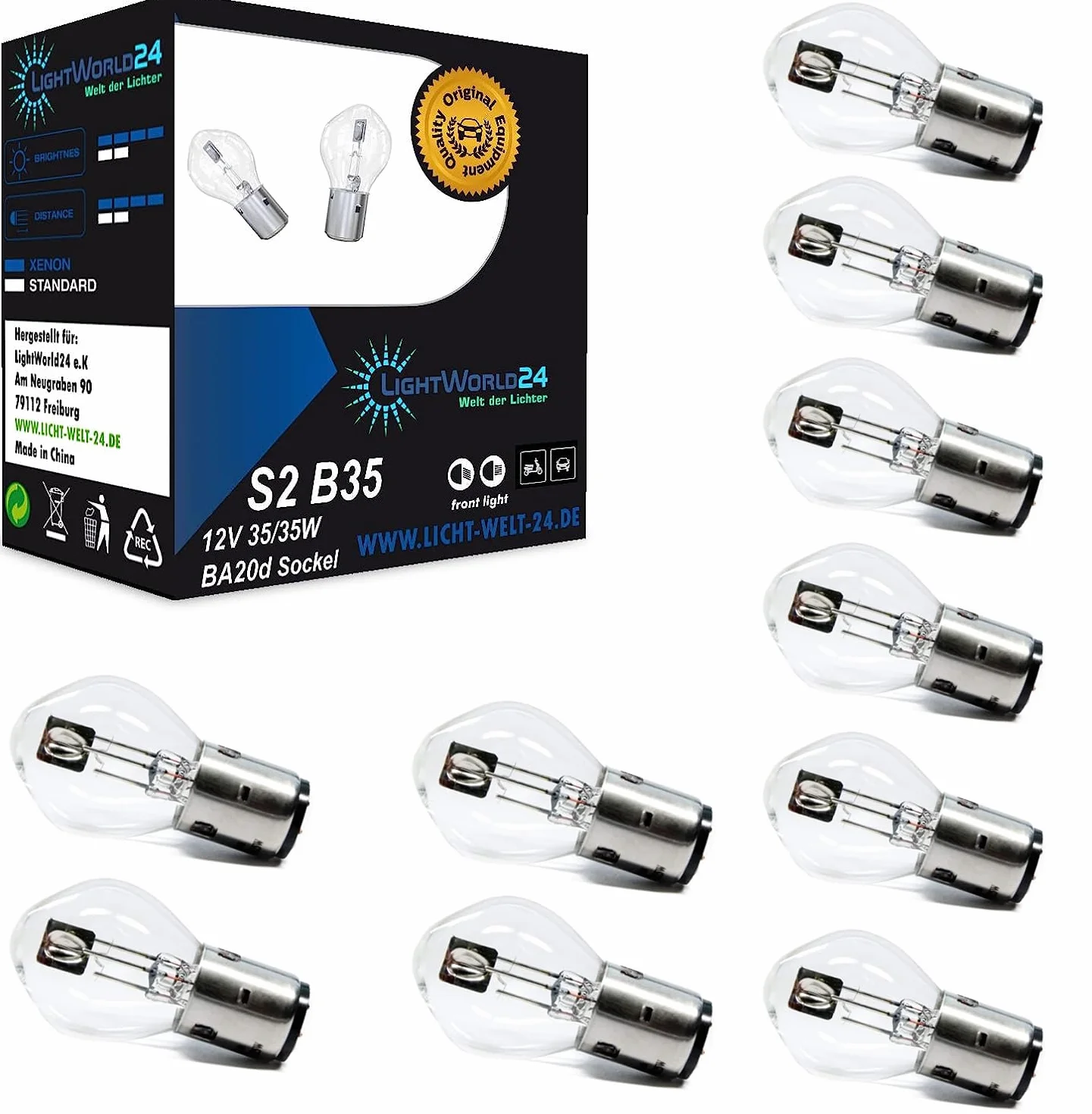 LIGHTWORLD24 10 unidades BA20d S2 35/35W 12V bombillas halógenas para motocicleta – luz de carretera y cruce súper brillante – faro delantero para scooter, ciclomotor, moto, lámpara Bilux