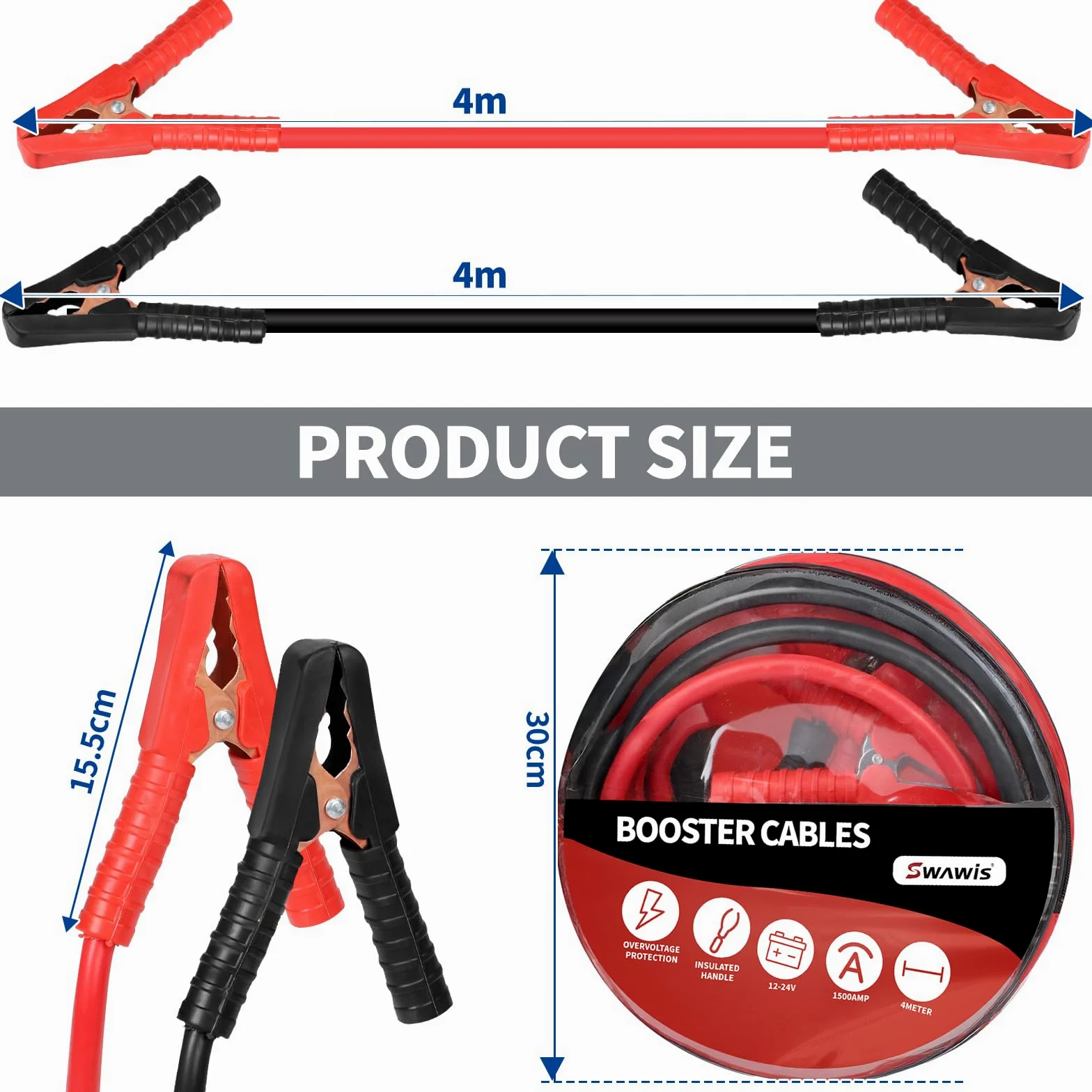 SWAWIS Pinzas Bateria Coche 4m 30mm² 1500A 12 V/24 V Pinzas Coche Cables de Puente para Baterías de Camiones Automóviles y Motocicletas con Bolsa de Almacenamiento