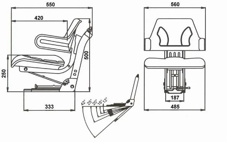 Asiento de tractor VS200 con suspensión universal para maquinaria agrícola – polipiel PVC, 50–120 kg, suspensión 100 mm, ajuste longitudinal e inclinable, asiento ergonómico para tractor agrícola y