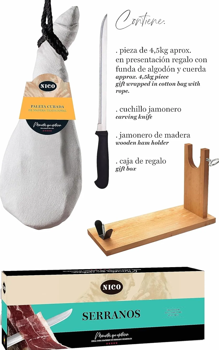 NICO JAMONES Paleta Curada Tradicional 4,5 kg con Jamonero y Cuchillo