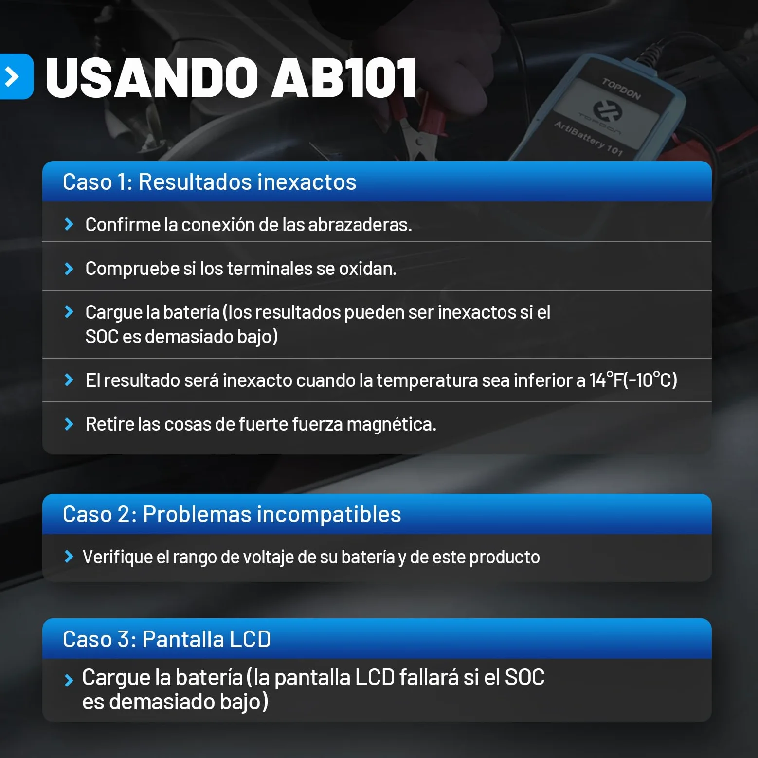 TOPDON ArtiBattery AB101 Comprobador de batería de Coche de 12 V 100 – 2000 CCA. Medidor de batería de Coche para Pruebas de Arranque y Carga, Analizador Digital para Celda húmeda/AGM/Gel/EFB
