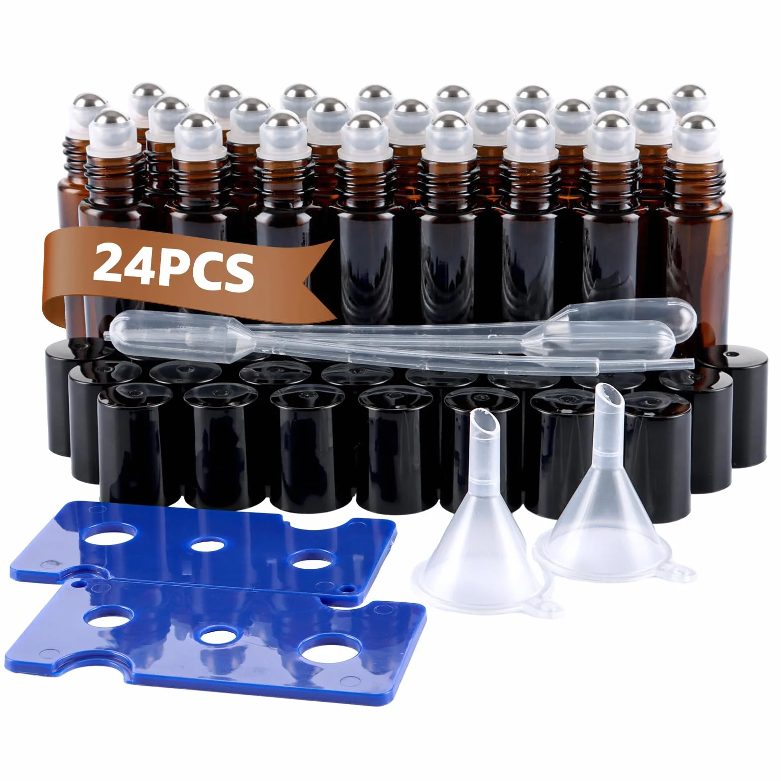 Frascos Vidrio Ámbar 10ml Roll on para Aceites Esenciales, 24 Botellas Antiluz con Tapón, Sin BPA
