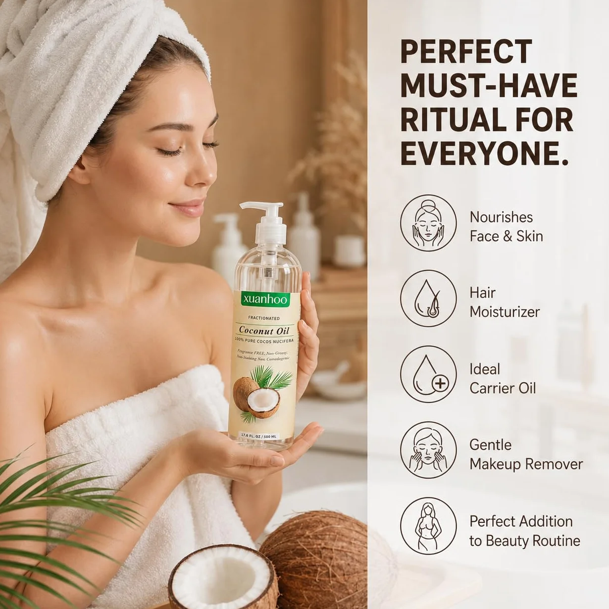 Aceite de coco fraccionado 500ml 100% puro natural para cabello piel y uñas