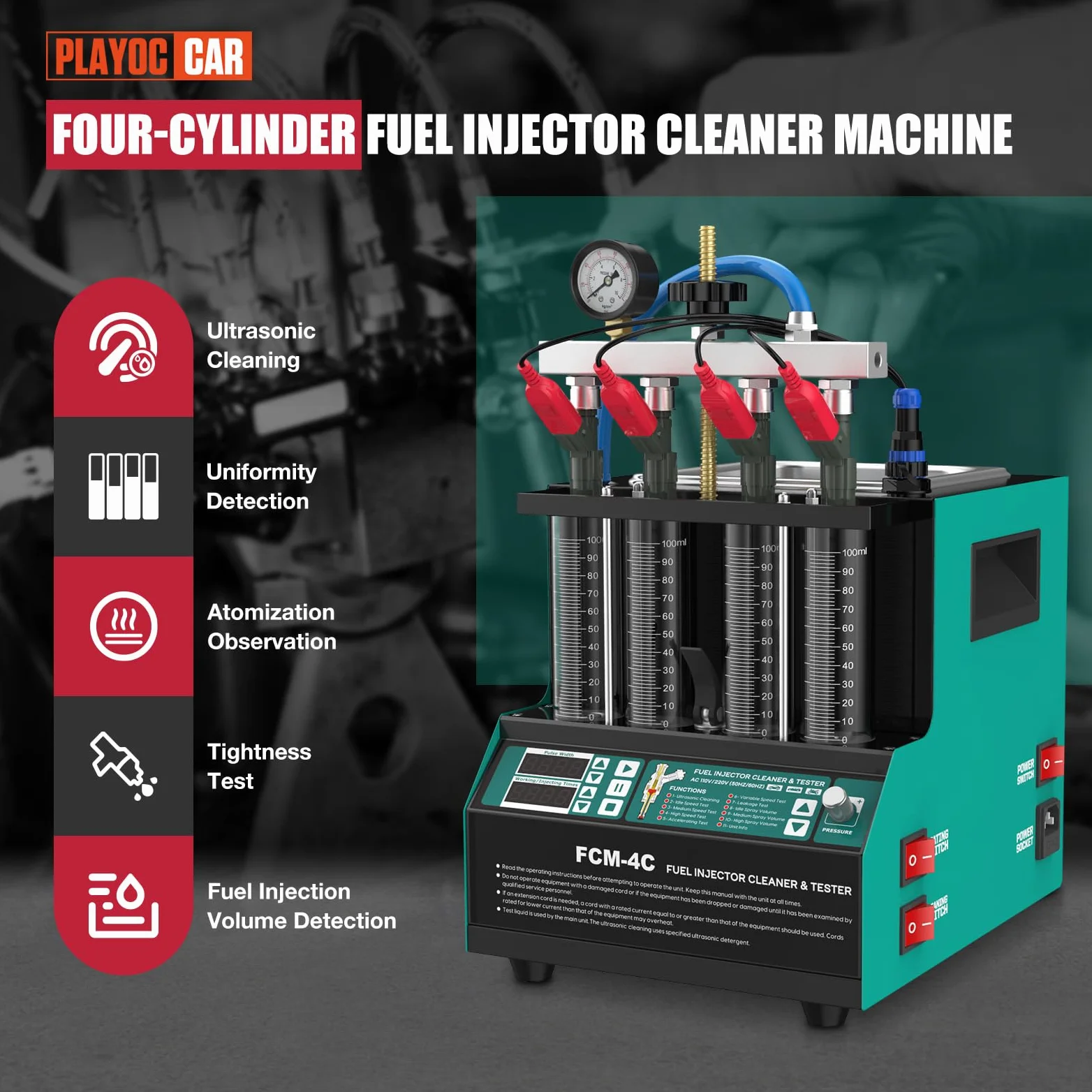 PLAYOCCAR Kit Limpiador y probador de inyectores de Combustible, 4 Cilindros, ultrasónico, para Coches y Motocicletas de Gasolina y diésel