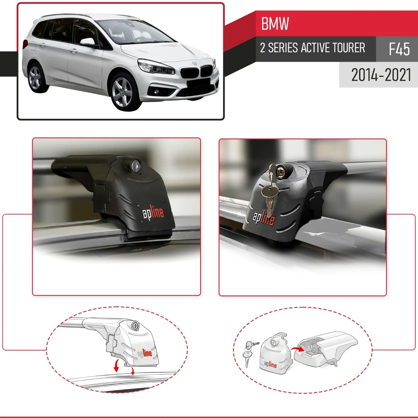 Compatible con BMW Serie 2 (F45) Active Tourer 2014-2021 Modelo Ace-2 Barra de Techo Auto Portaequipajes Barras Transversales Gris Aluminio 2 Barras