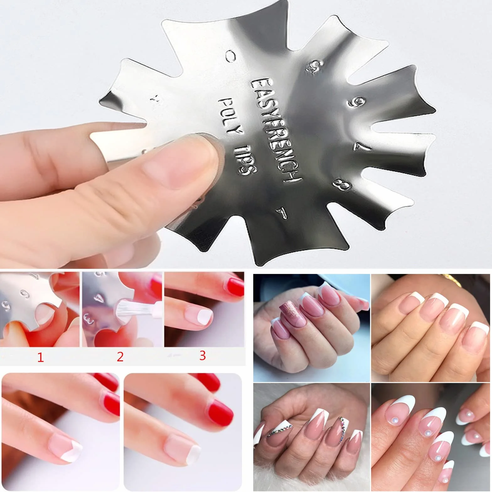 French Smile Line Edge Trimmer Cutter 4 Piezas, Nail Art Metal Plantilla Cutter Acrílico UV Gel, 4 Formas Plata