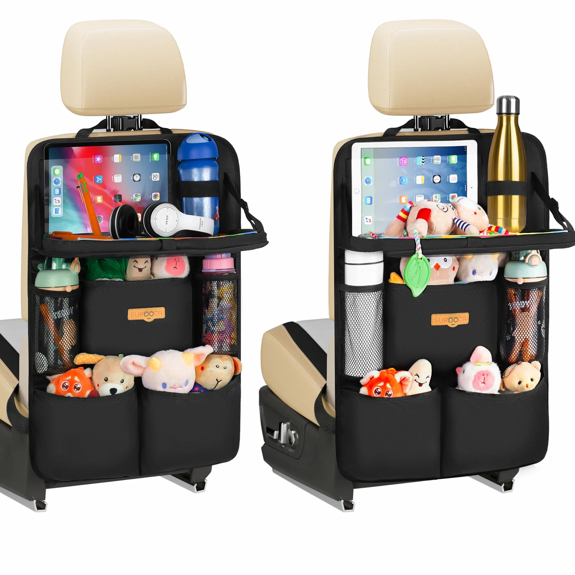 SURDOCA Organizador de asiento trasero de coche con bandeja plegable para niños y adultos – Nuevo modelo de almacenamiento de asiento con bolsillo táctil para tablet, artículos esenciales para viajes