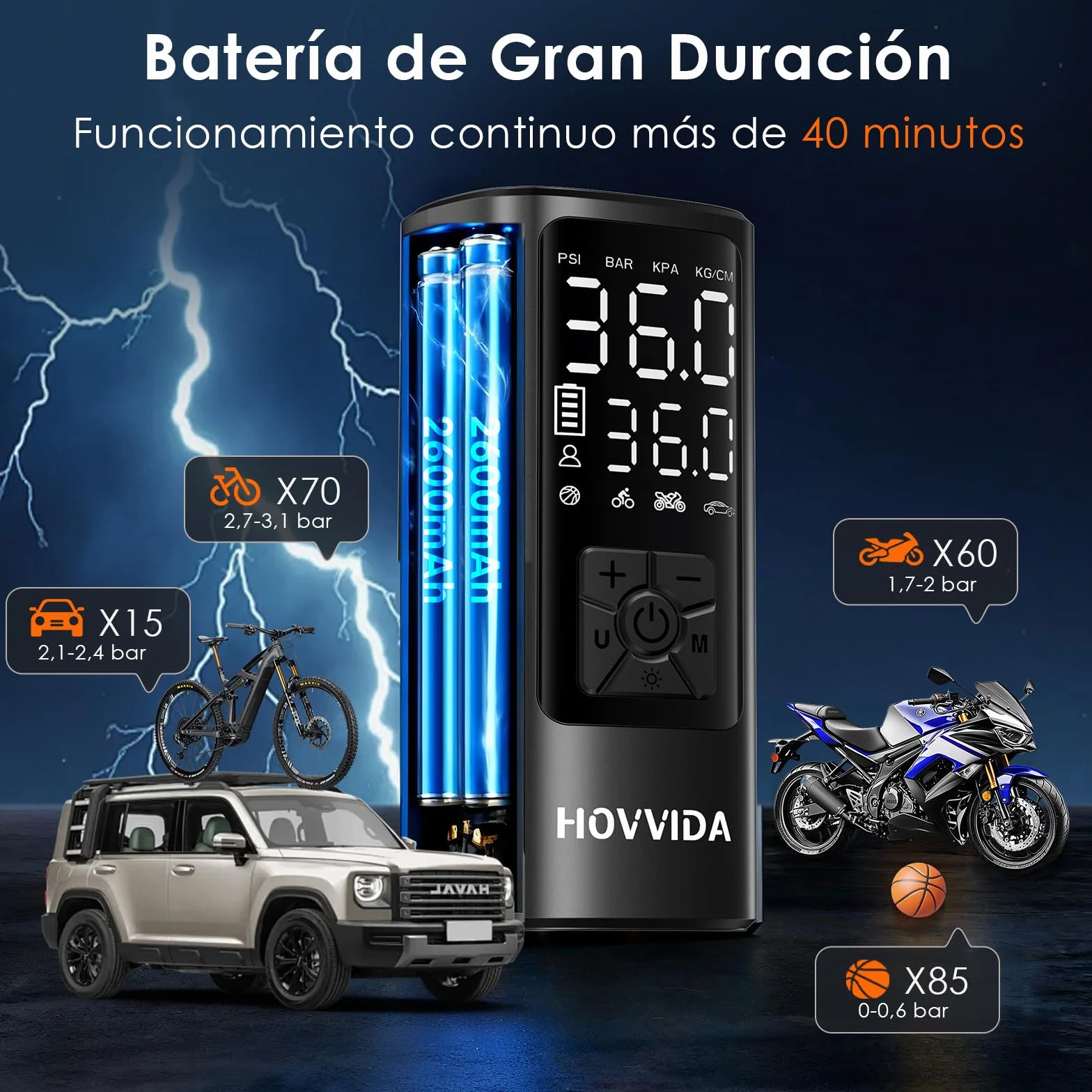 HOVVIDA Compresor Aire Portatil 150 PSI 10,3 Bar 5V Inflador Ruedas Coche Bicicleta Batería Recargable LED