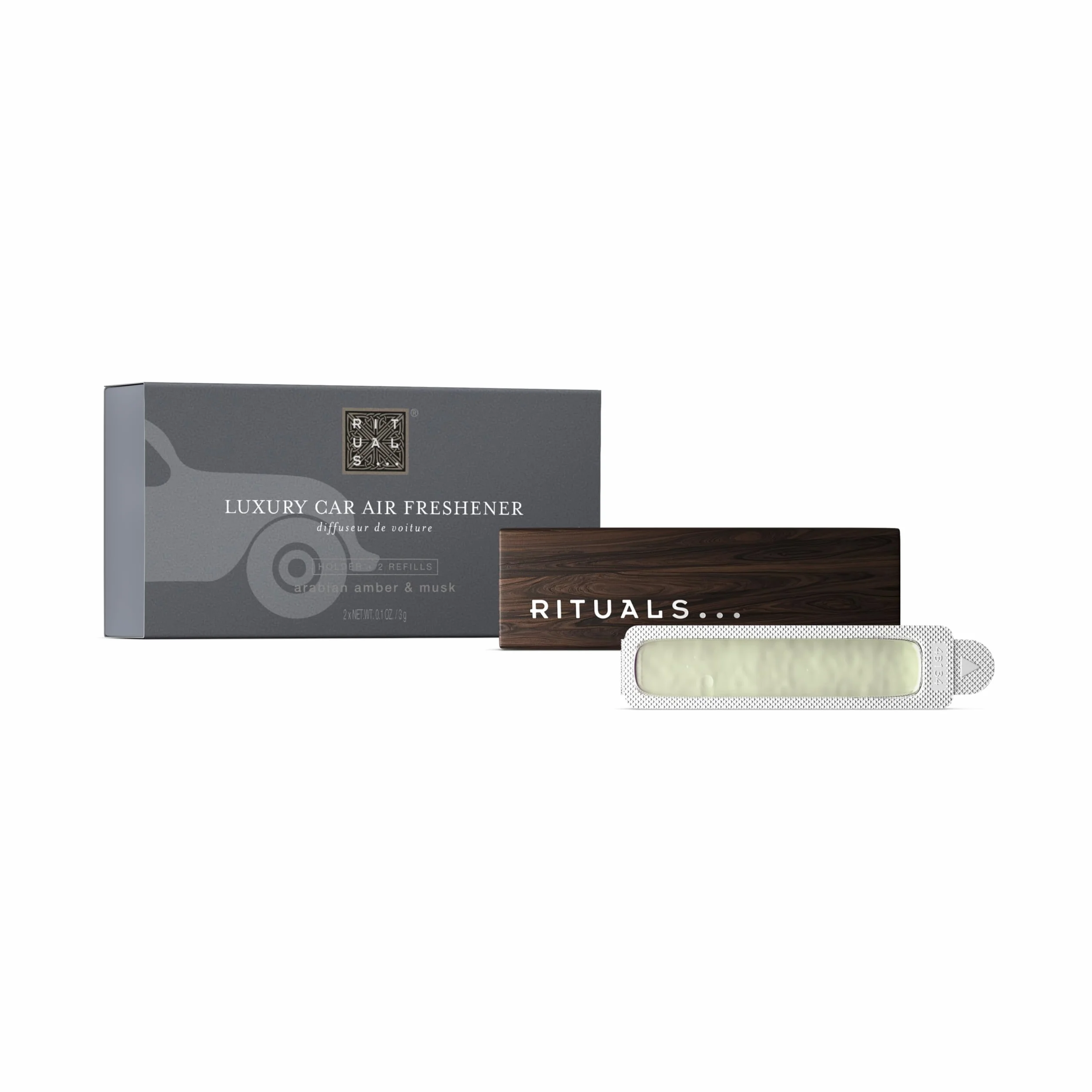 RITUALS The Ritual of Homme Ambientador de Coche Set – 1 Soporte de Madera Reutilizable + 2 Recargas – Ámbar Árabe y Almizcle – 2 x 3 g