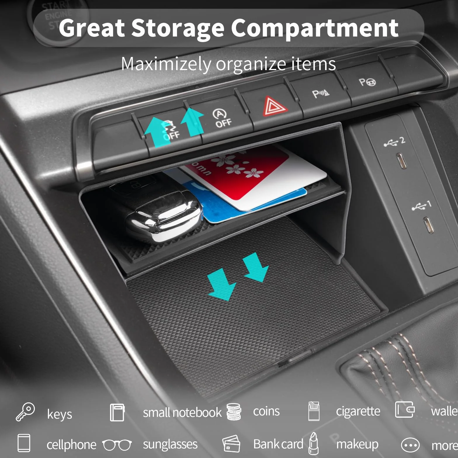 CDEFG Compatible con Audi Q3 F3 2019-2022 2023 2024 2025 consola central organizador caja de almacenamiento Q3 F3 guantera inferior la consola central Q3 F3 mk2 Sportback 2025 Accesorios