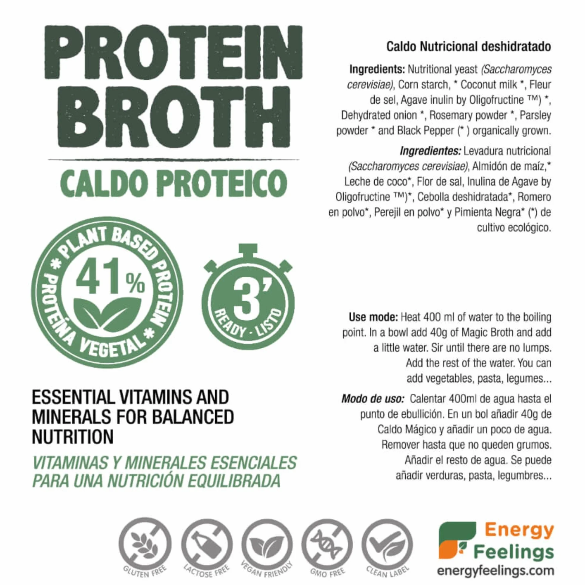 Caldo Vegetal Nutricional Proteico en Polvo y Copos 500g | Rico en Proteína 41% y Fibra 13% | Sin Gluten Vegano Sin Azúcares Añadidos