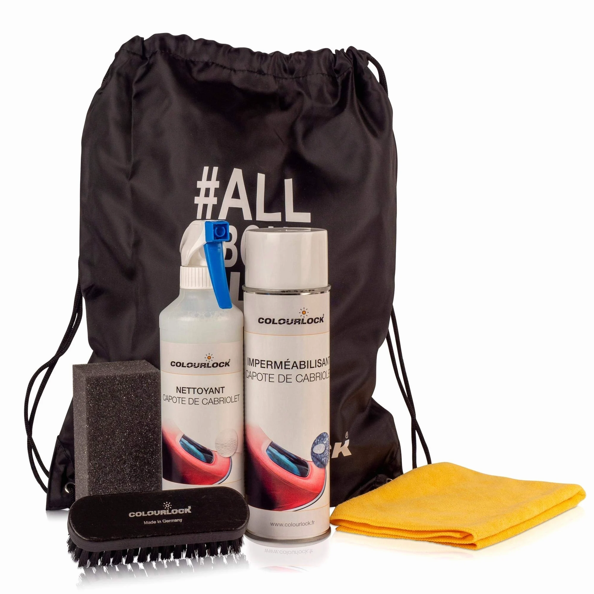 Kit de mantenimiento para capota de cabriolet - Cabriolet verdeck Set (500 ml, Imprägnierung 500 ml, Schwamm, Bürste und Tuch) im Beutel