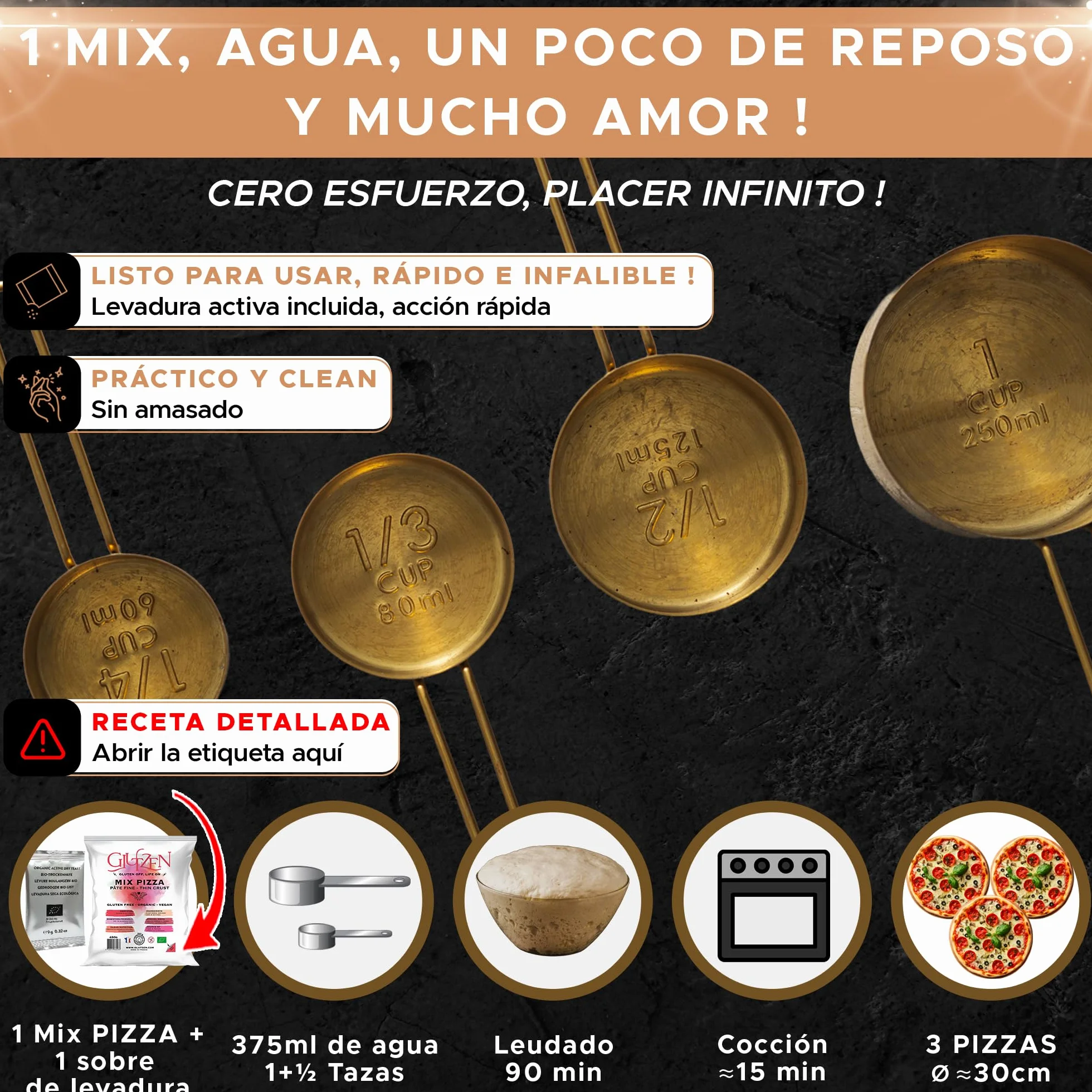 GLUTZEN Pizza Sin Gluten Bio Mix Masa Fina y Crujiente Base Sin Amasado Levadura Incluida Harinas Vegano FODMAP