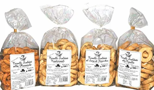 Paquete 4 Taralli Bell'Olio di Puglia Horneado Snacks Aceite Oliva Hinojo Cebolla Pizzaiola