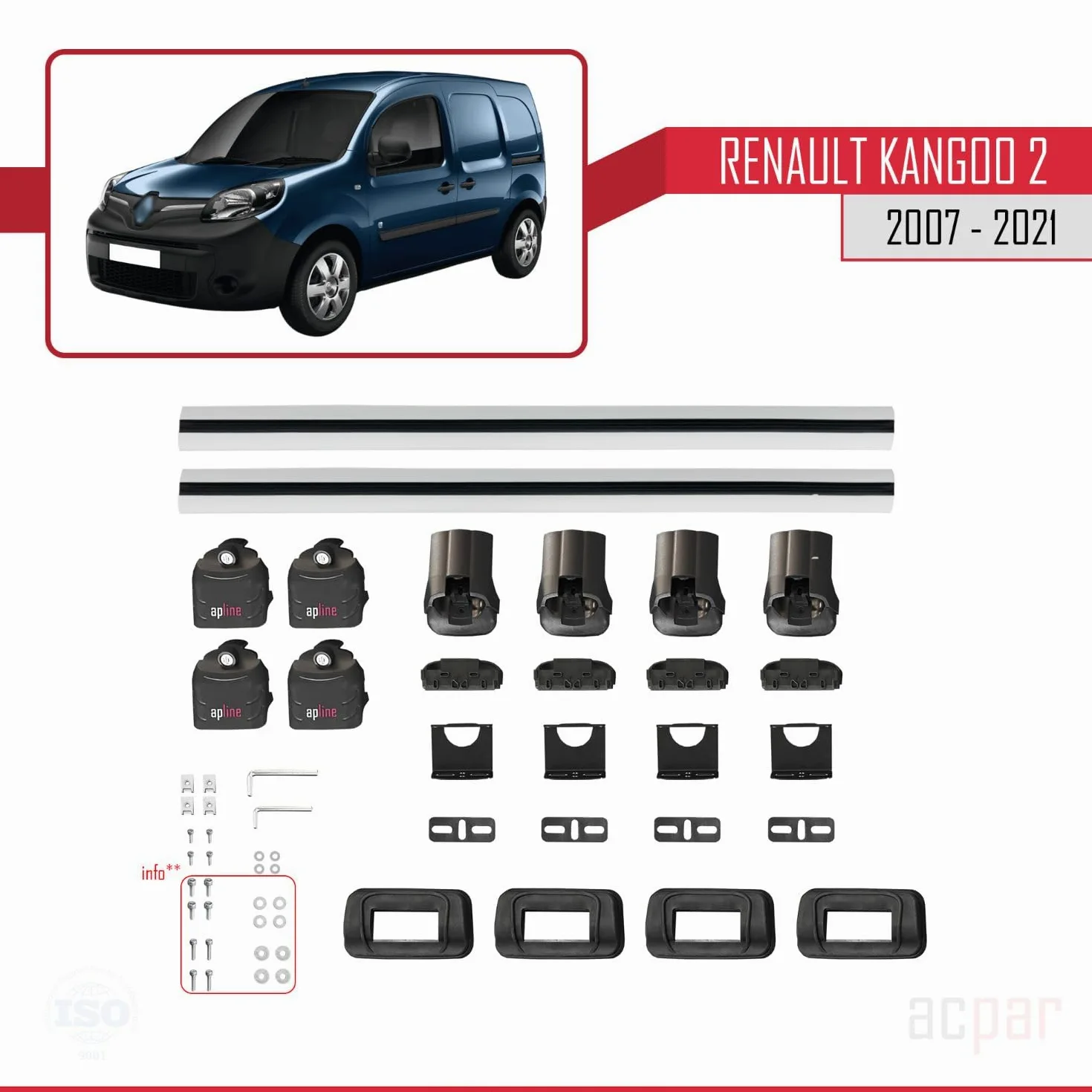 Compatible con Renault Kangoo 2 (X61) 2007-2021 Modelo Ace-3 Barra de Techo Auto Portaequipajes Barras Transversales Gris Aluminio 2 Barras