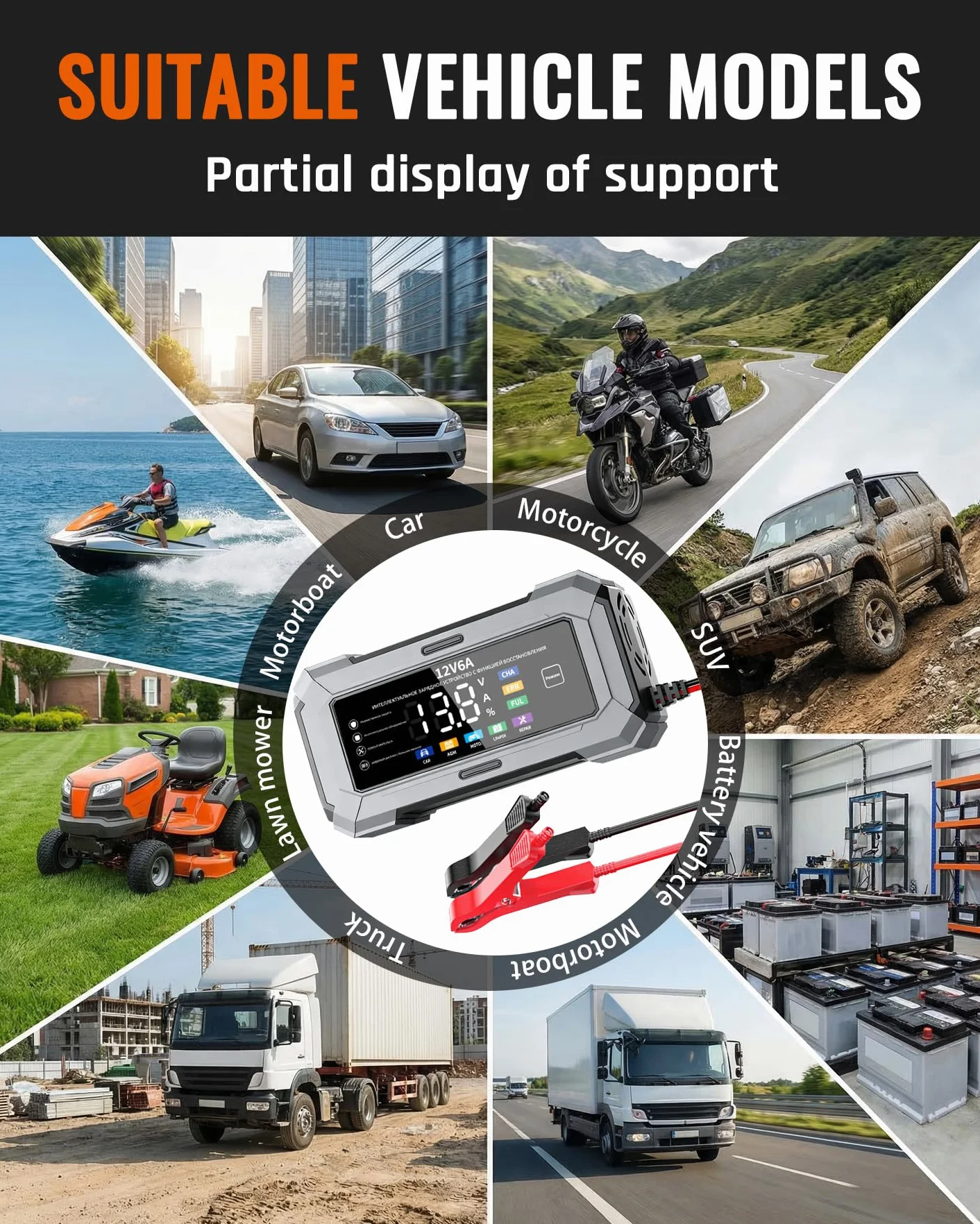 TANYO Cargador de Baterias de Coche, 12V Inteligente Cargador de Baterias Coche y Moto con Función de Reparación Automática y Pantalla LCD, 6A Cargador de Bateria para Auto, Moto, Camión, AGM, Gel