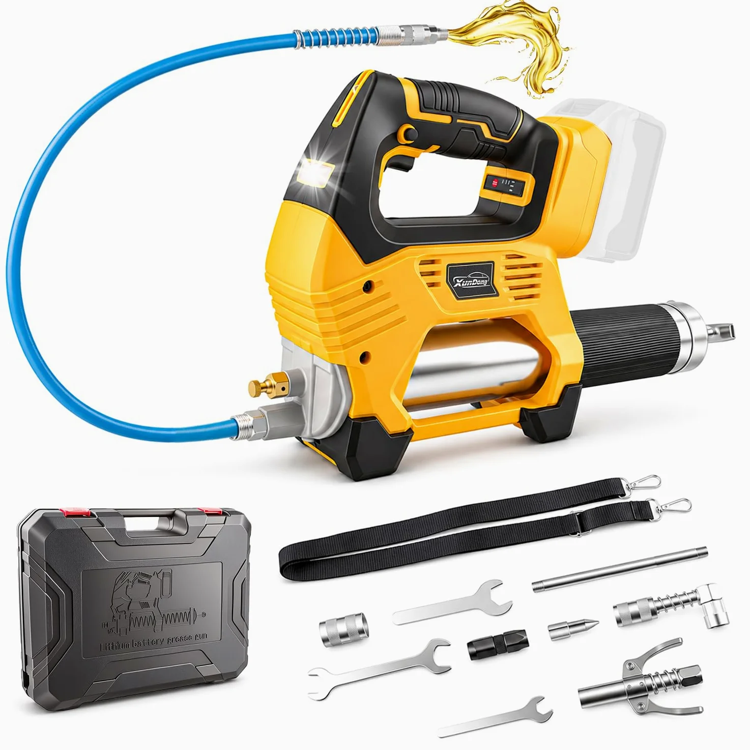 Pistola de grasa inalámbrica compatible con batería DeWalt de 20 V, 12000 PSI de alta presión, agarre en línea con una sola mano, manguera de 39.4 pulgadas y 4 acopladores, pistola de grasa