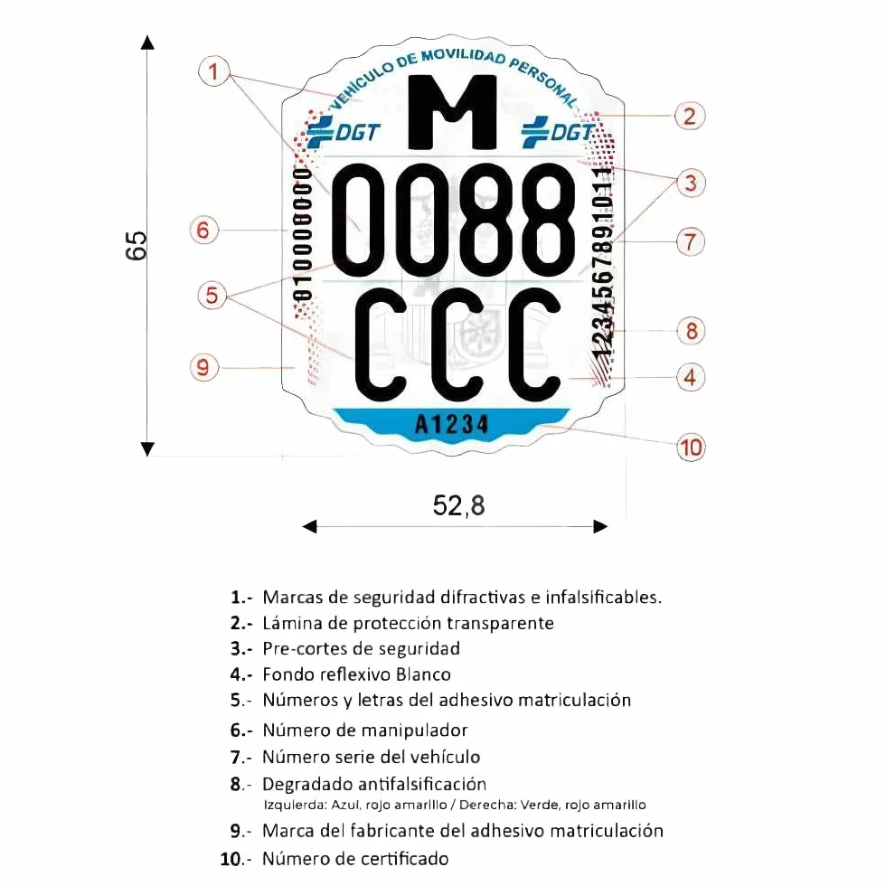 Matrícula Patinete Eléctrico VMP Adhesiva Oficial Homologada