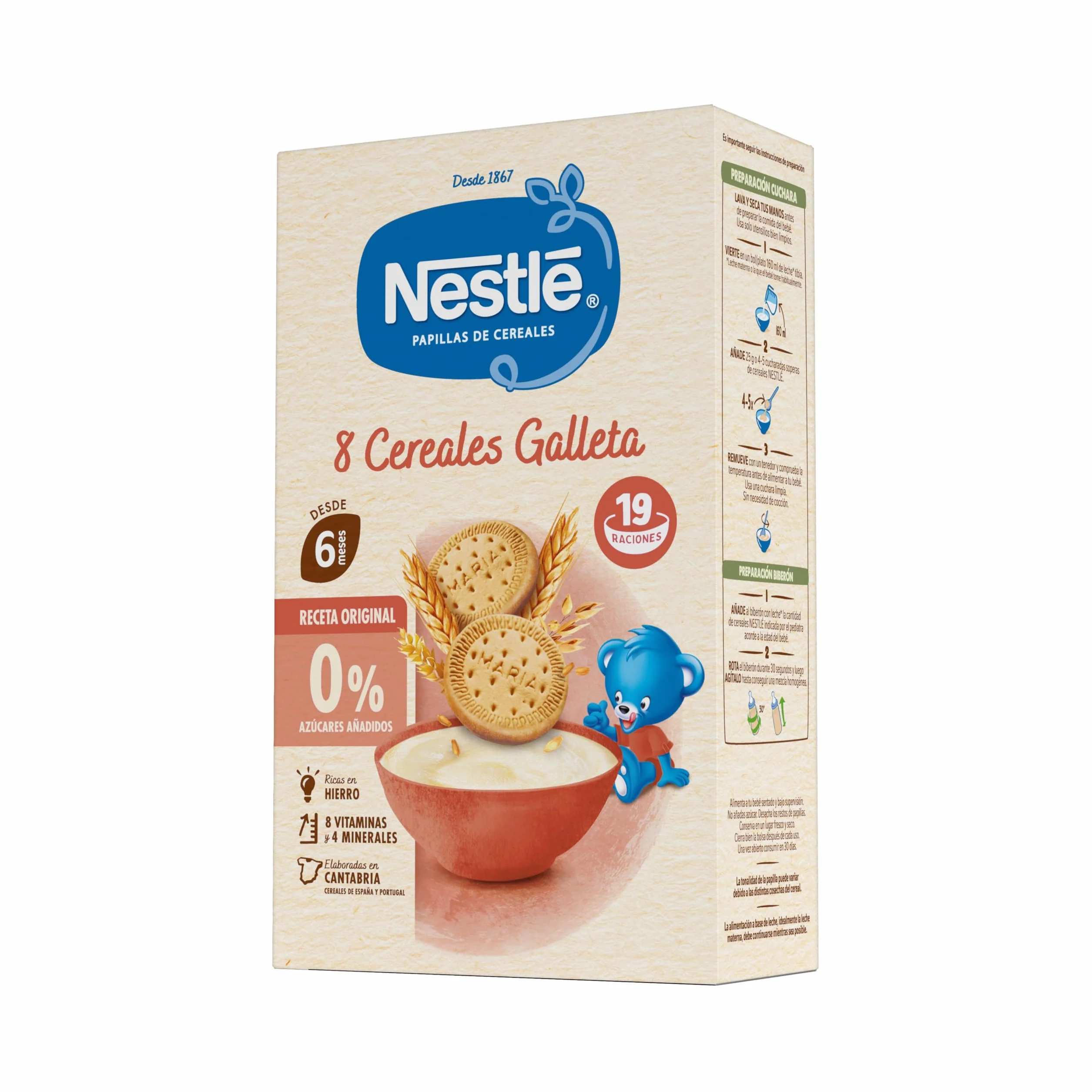 Nestlé Papilla 8 Cereales con Galleta 475 g sin azúcares añadidos a partir de 6 meses