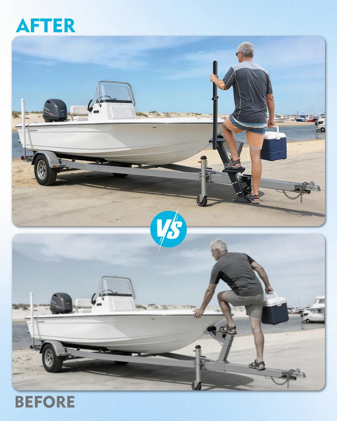 Escalones de remolque de barco, escalones de lengüeta de remolque resistentes con asa, ajuste universal para 3 x 3 pulgadas, 4 x 4 pulgadas y 3 x 5 pulgadas (3 escalones, banda de rodadura | Superficie antideslizante, capacidad de 450 libras