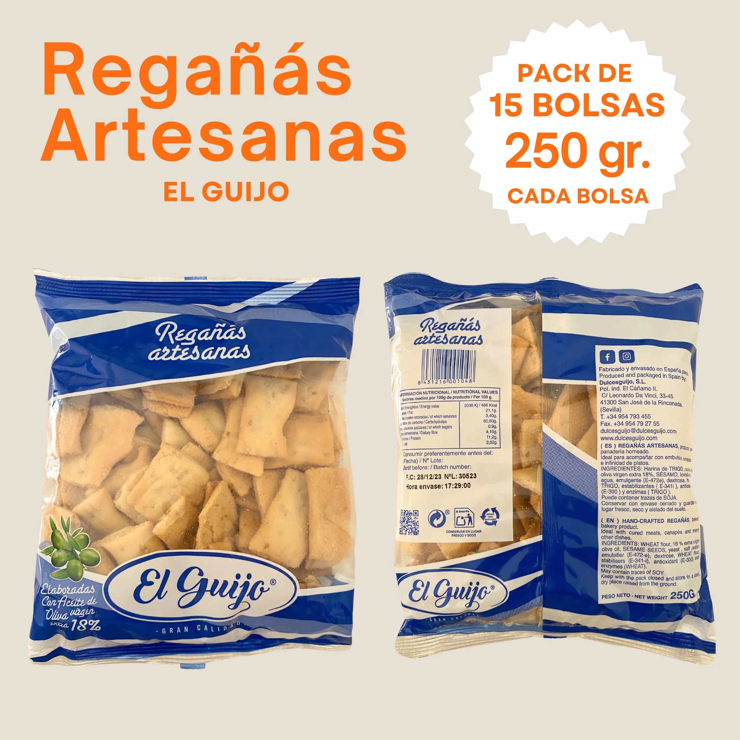 Regañá Artesana El Guijo 18% Aceite de Oliva Virgen Extra Pack 15x250g Cuadraditos Pan Crujiente