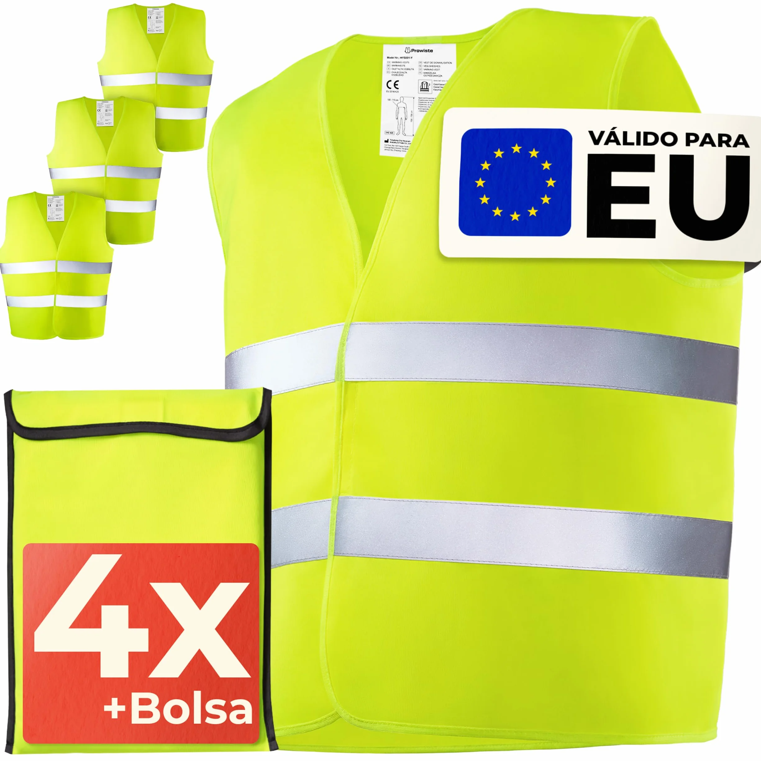 Prowiste 4 Chaleco Reflectante Homologado Set con Bolsa – Certificado EN ISO 20471, Válido en Toda Europa – Ideal para Auto, Construcción - Talla Única - Amarillo