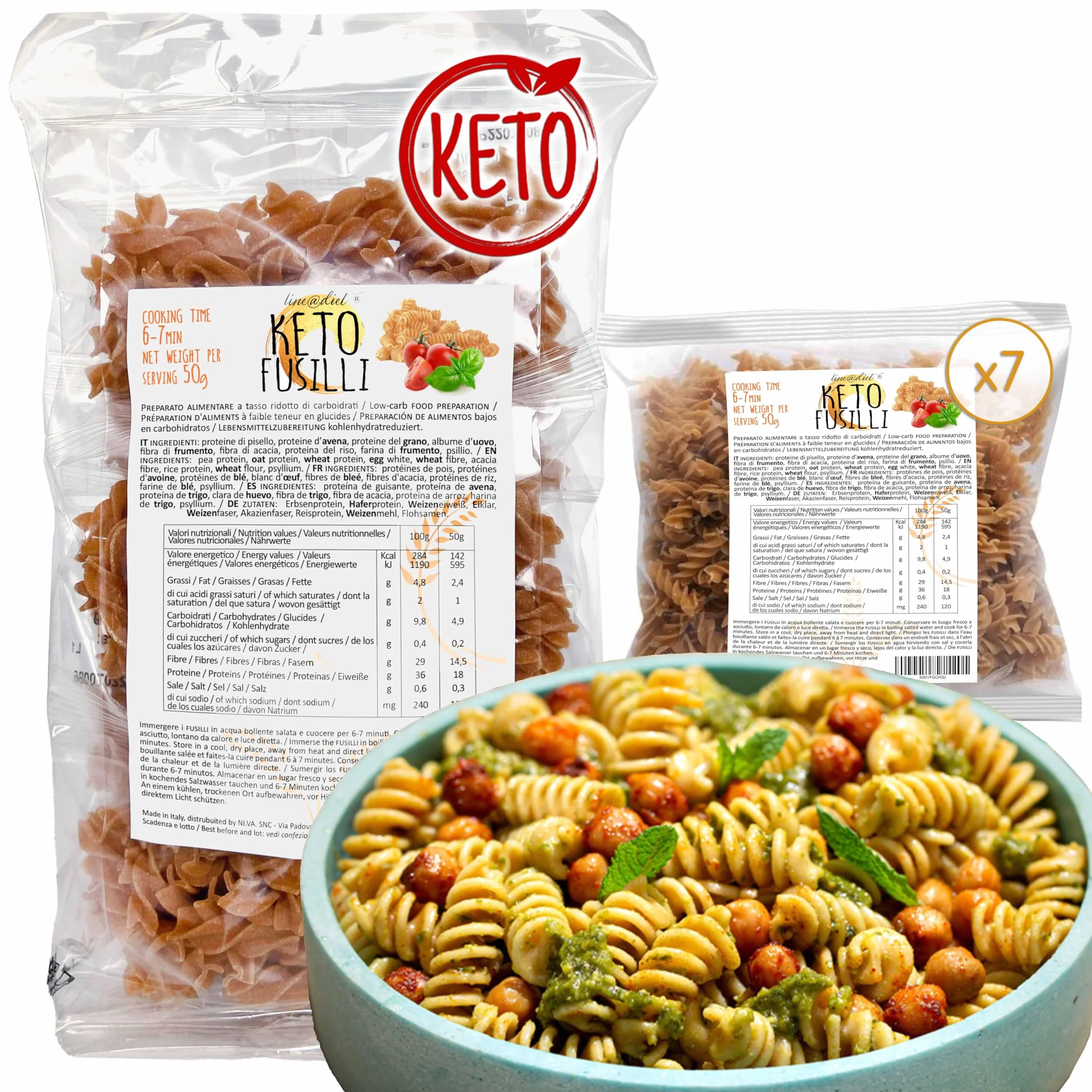FUSILLI KETO Line@diet Fusilli Cetogénico 7x50g 350g Bajo en Carbohidratos 0.2g Azúcar Rico en Fibra y Proteínas