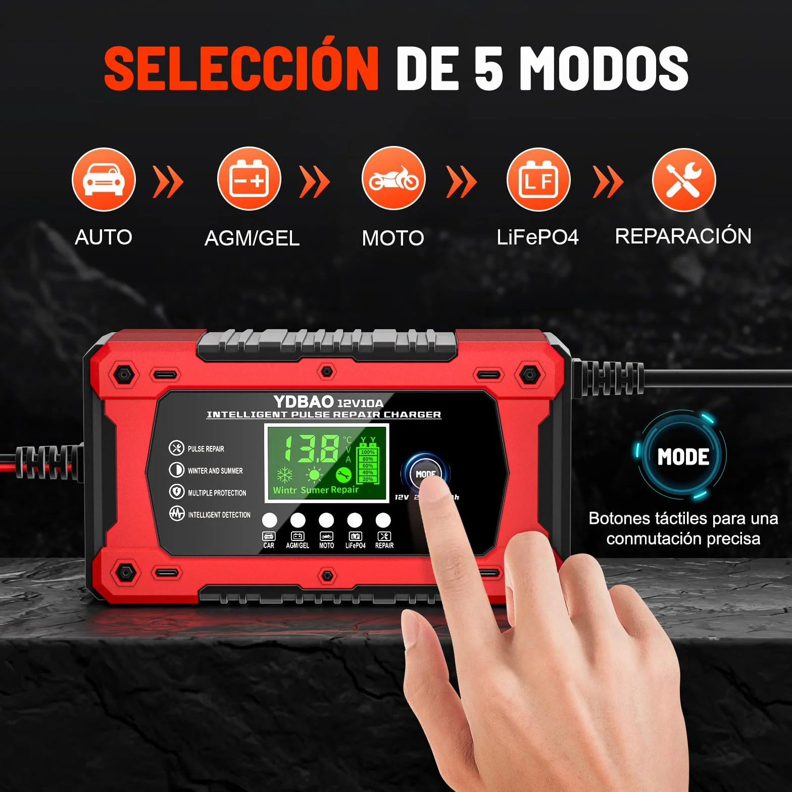 YDBAO Cargador de Batería de Coche 12V 10A Cargador Baterias Coche y Moto Inteligente con Reparación y Múltiples Protecciones y Pantalla LCD Cargador bateria para Auto,Moto, Camión, AGM, Gel,SLA