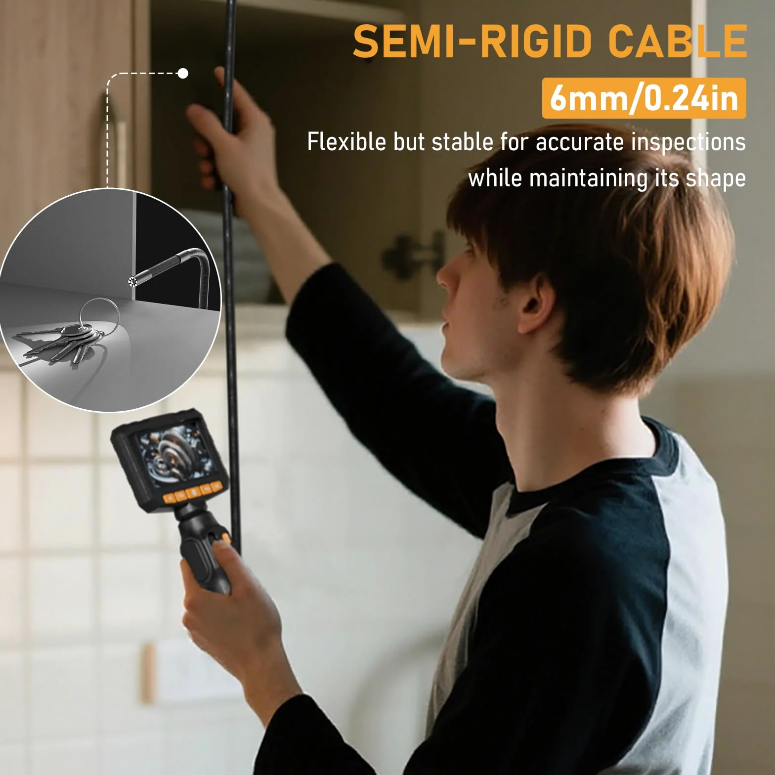 Cámara de boroscopio articulada bidireccional con luz, cámara de inspección endoscópica industrial con luz, sonda articulada de 1/4 pulgadas, alcance flexible de serpiente de 5 pies para pared