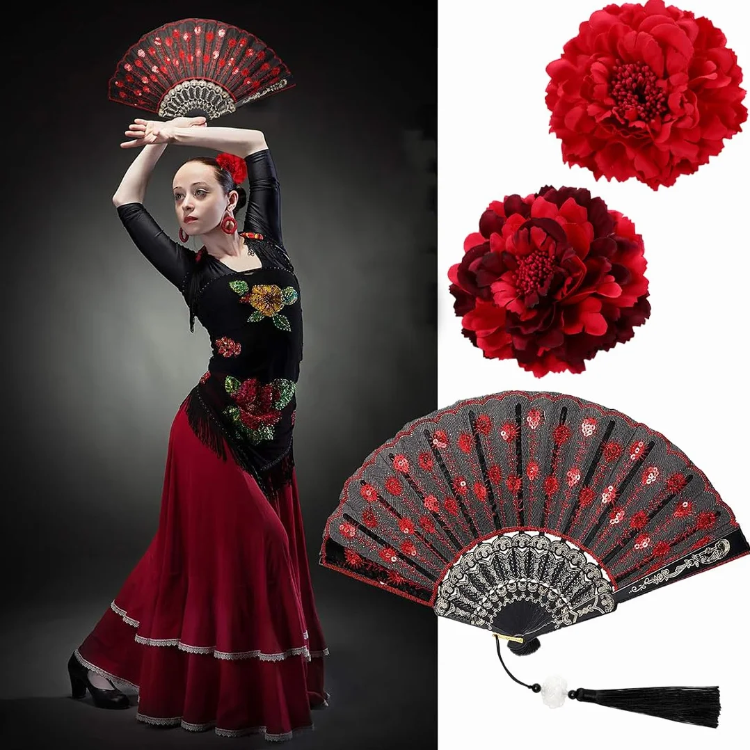 Horquillas flamenco flores artificiales peonias rojas abanico grandes pelo grueso fino playa mujeres niñas