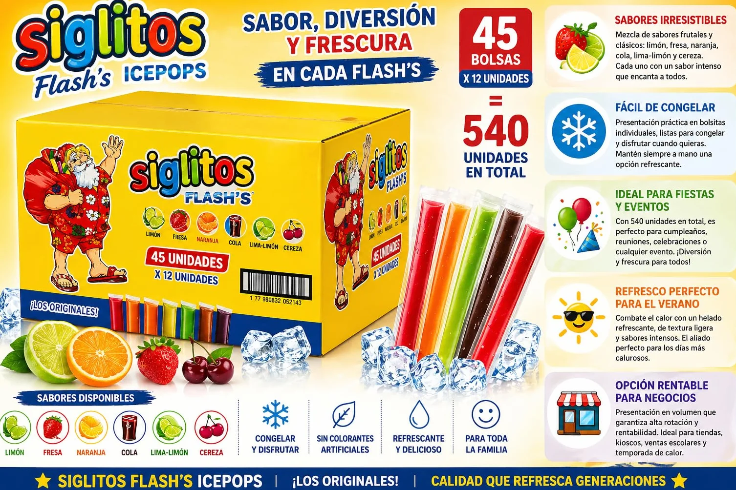 Siglitos Flash's Ice Pops 45 Pack 540 Units Sabores Surtidos Frutales Cola Hielitos Congelables