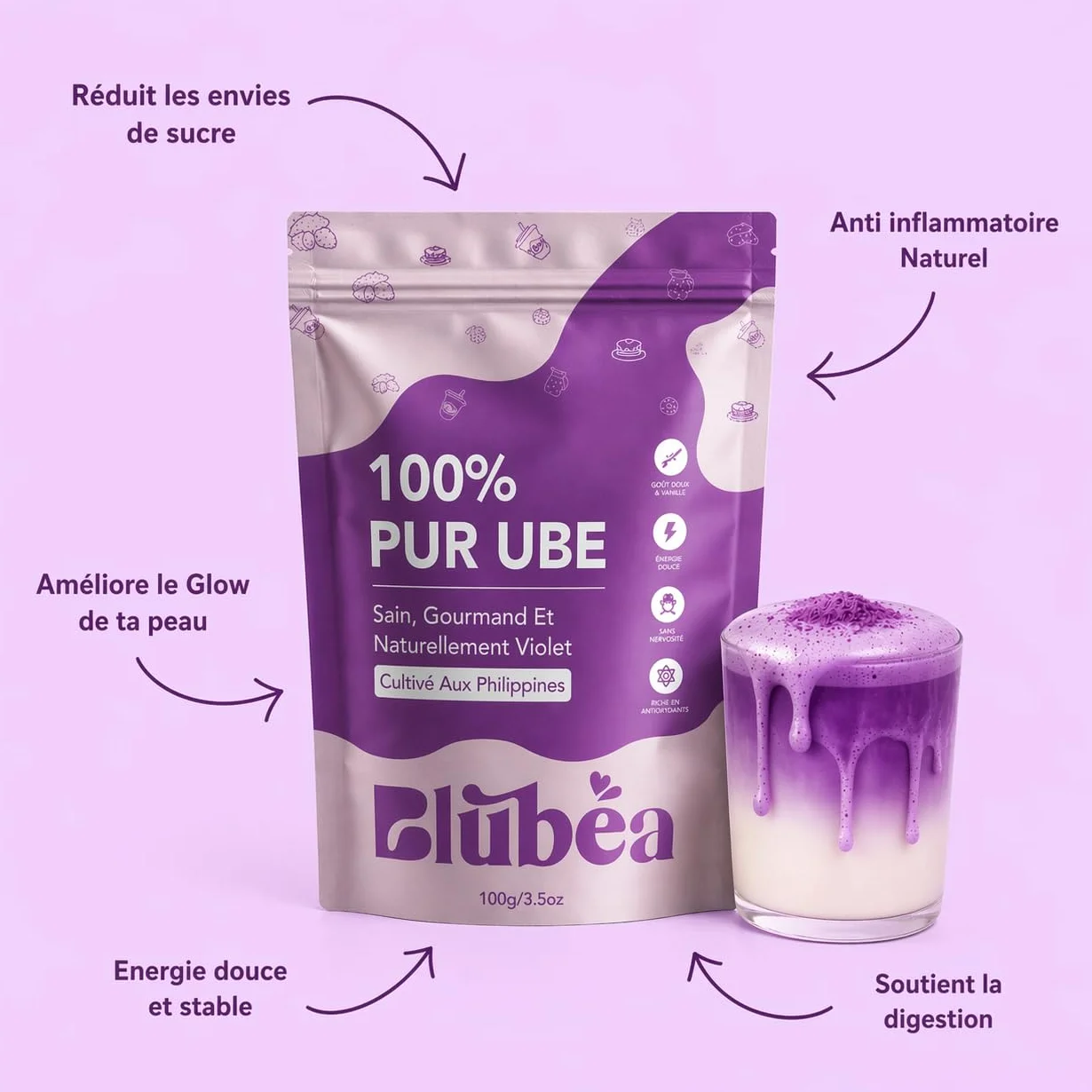 Blubea Polvo Ube 100% natural, rico en antioxidantes, 100 g