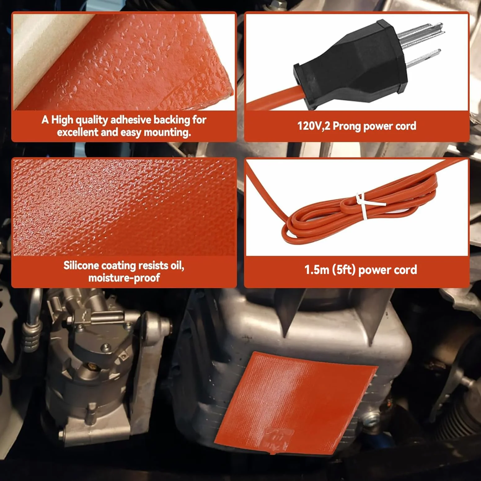 2 almohadillas de calefacción de silicona para motor de coche, 120 V, 300 W, 6 x 8 pulgadas, calentador universal de motor de coche, almohadilla de calentador eléctrico, bloque de motor