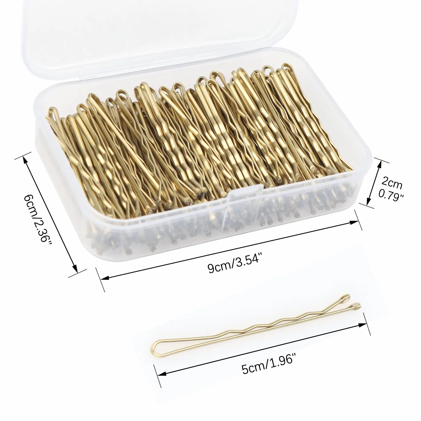 OWill Horquillas pelo mujer 150 unidades doradas 5 cm metal onduladas moño recogidos caja portátil
